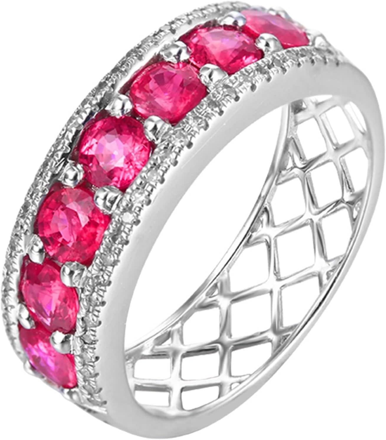 18K White Gold Ring Wedding Band, Women's Rings Lab Created Ruby Drill Row White Gold Jewelry with Moissanite for Engagement