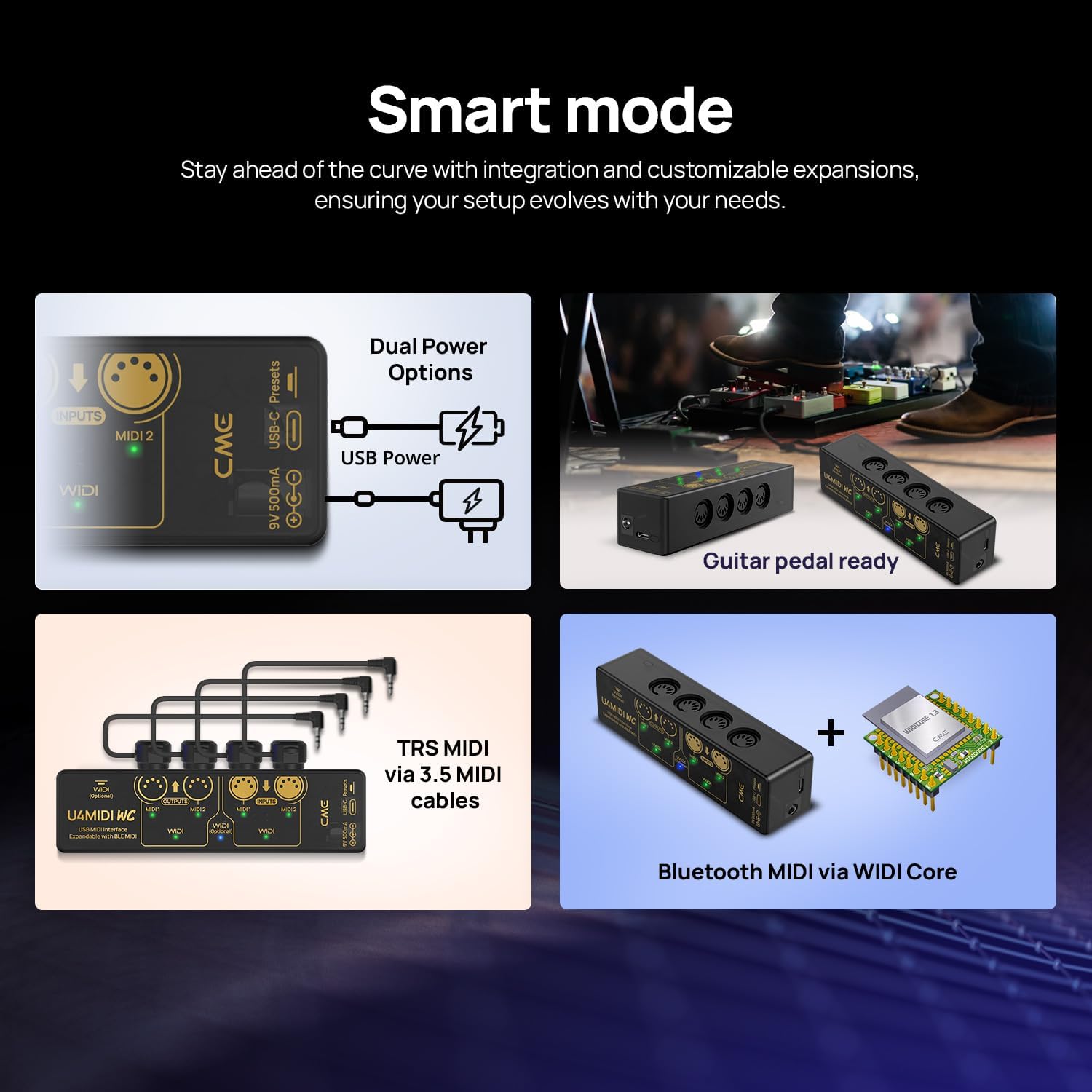 CME U4MIDI WC + 4-Pack 3-FT MIDI Cables - Hybrid MIDI Interface with Router, Mapper & Filter + 4-Pack 3-FT 5-pin DIN MIDI Cables for compact spaces