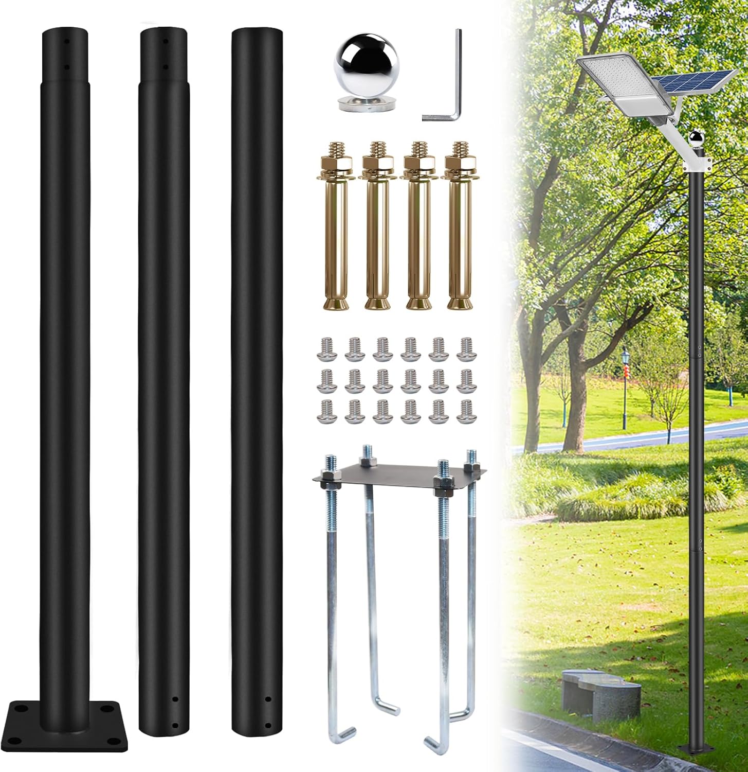 Street Light Pole 10 Ft Tall | Outdoor Adjustable Heavy Duty Metal Street Lamp Post | Outside Solar Street Lights Poles with Mounting Rebar Cage Base for Backyard, Parking Lot, Walkway (10FT)