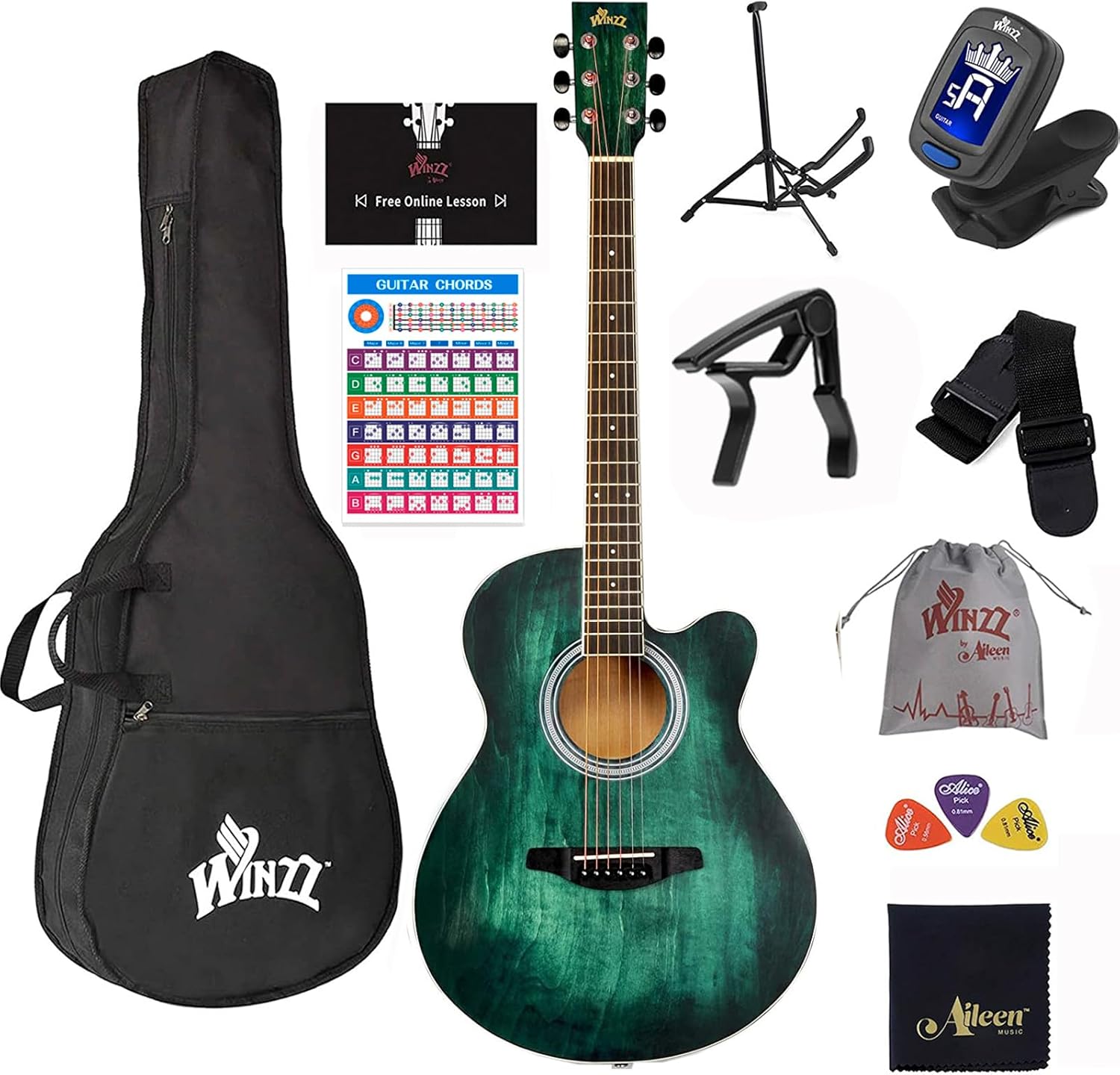 WINZZ HAND RUBBED Series - 40 Inches Cutaway Acoustic Acustica Guitar Beginner Starter Bundle with Online Lessons, Padded Bag, Stand, Tuner, Capo, Guitar Chords, Strap, Picks, Dark Hunter Green