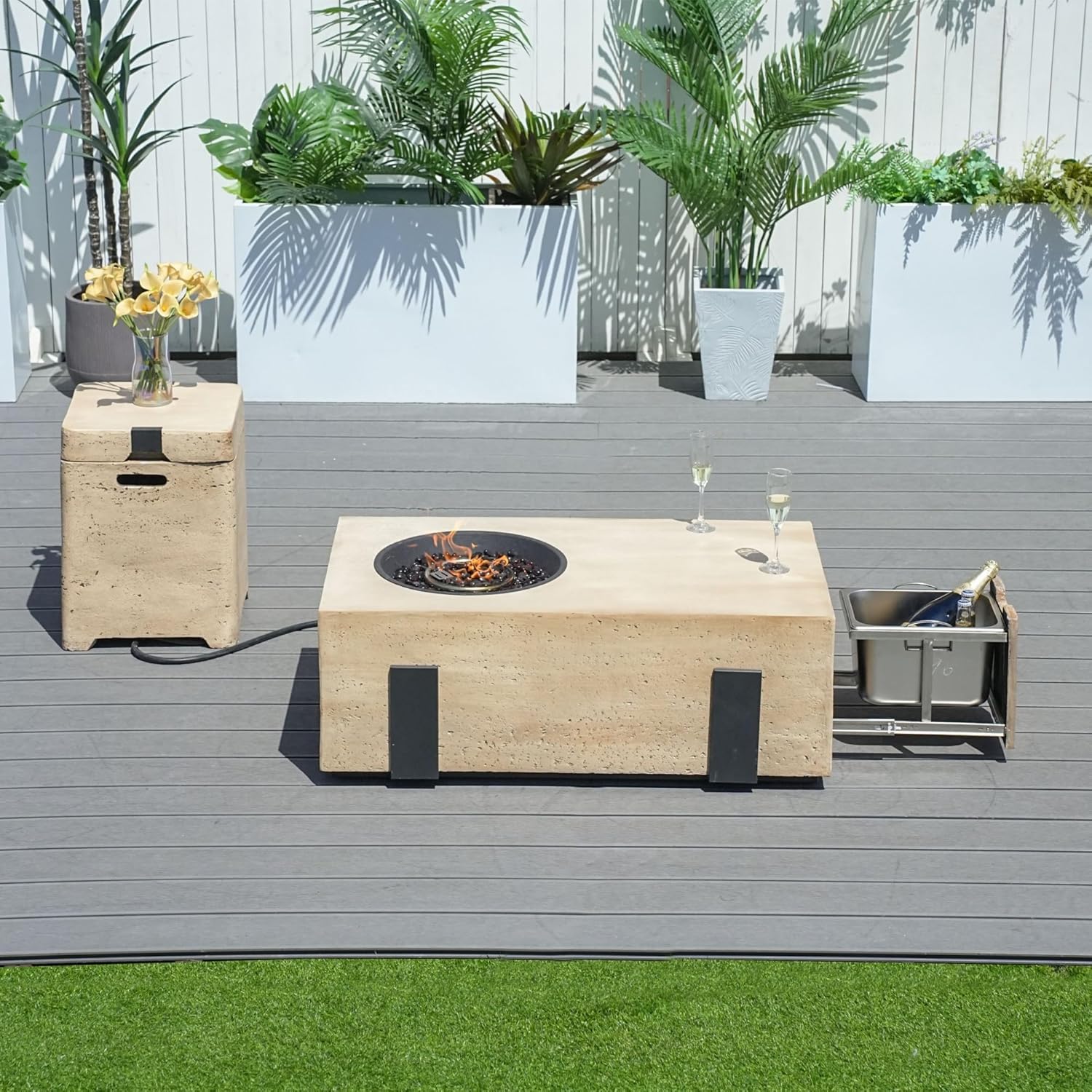 Direct Wicker Brown Metal Outdoor Fire Pit Table with Ice Bucket