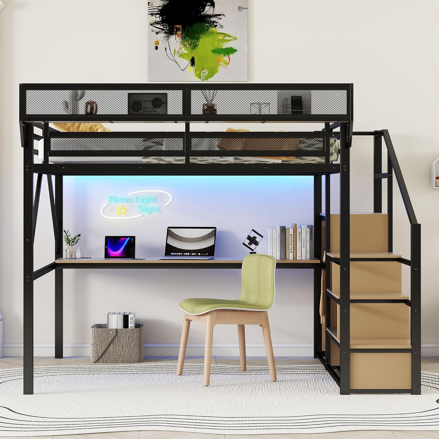 Queen Size Loft Bed with Desk, Loft Bed Queen with Stairs and Charging Station, Modern Metal Beds Frame with Light and Safety Guardrails for Kids/Teens, Patent Products, Black