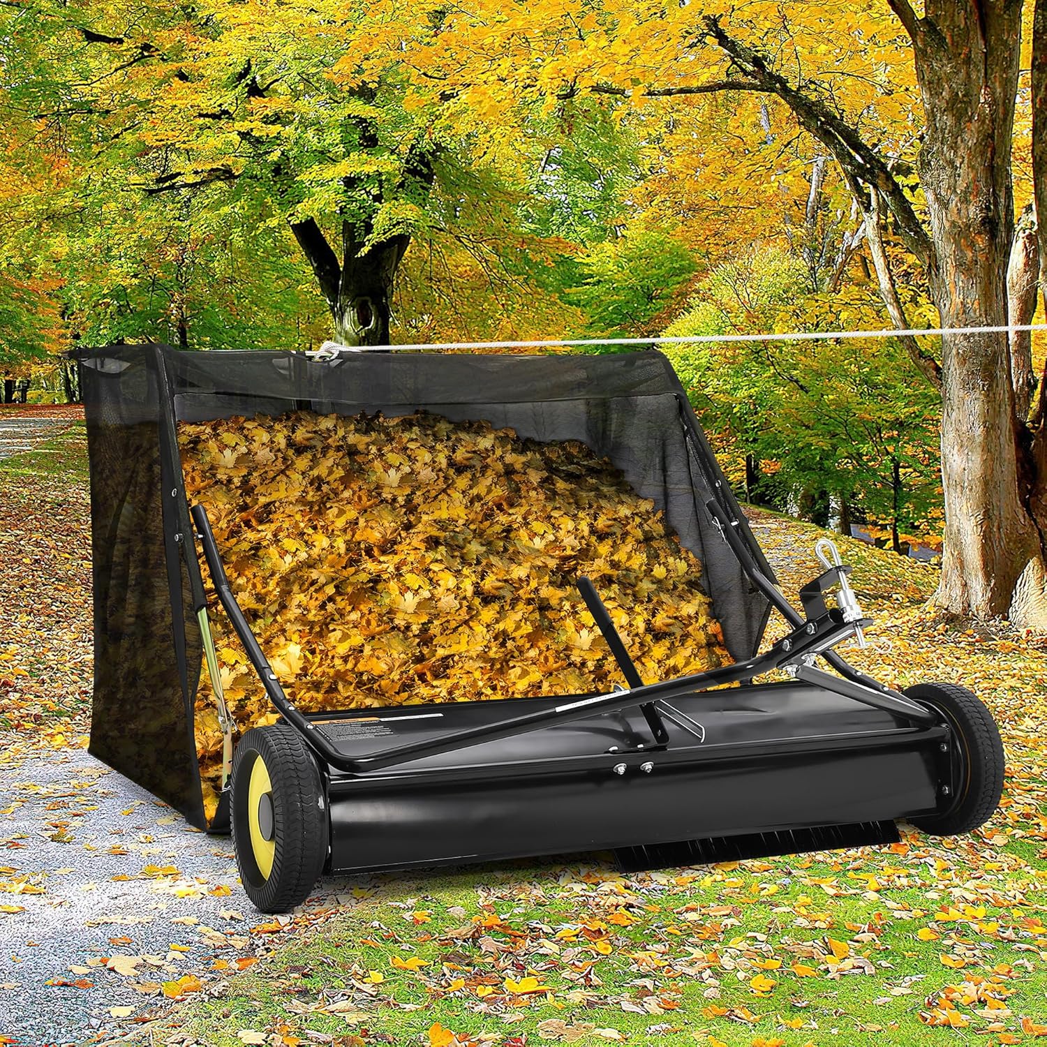 Garvee 44 Inch Lawn Sweeper Tow Behind, 25 cu.ft. Large Pull Behind Grass Sweeper, Heavy Duty Leaf & Grass Collector with Dumping Rope Design, Adjustable Sweeping Height for Picking Up Debris & Grass