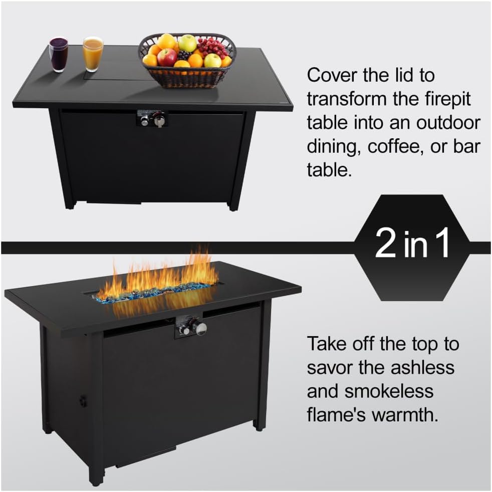 42 Inch Steel Outdoor Fire Pit Table with Lid and Lava Rocks, Propane Gas Firepit for Patio Garden Backyard with Glass Wind Guard