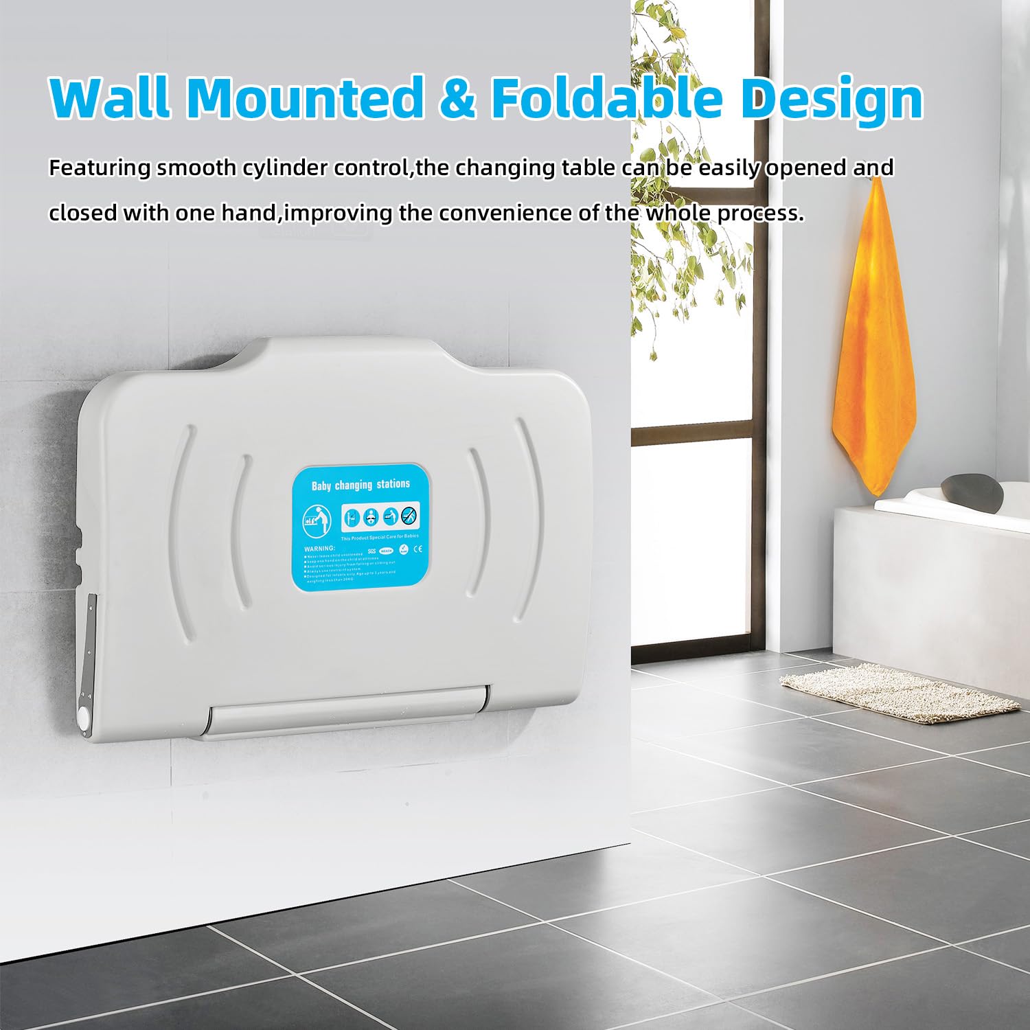 Fold-Down Baby Changing Diaper Station - Horizontal Wall Mounted, Sturdy & Durable with Safety Straps for Commercial Bathrooms, Granite