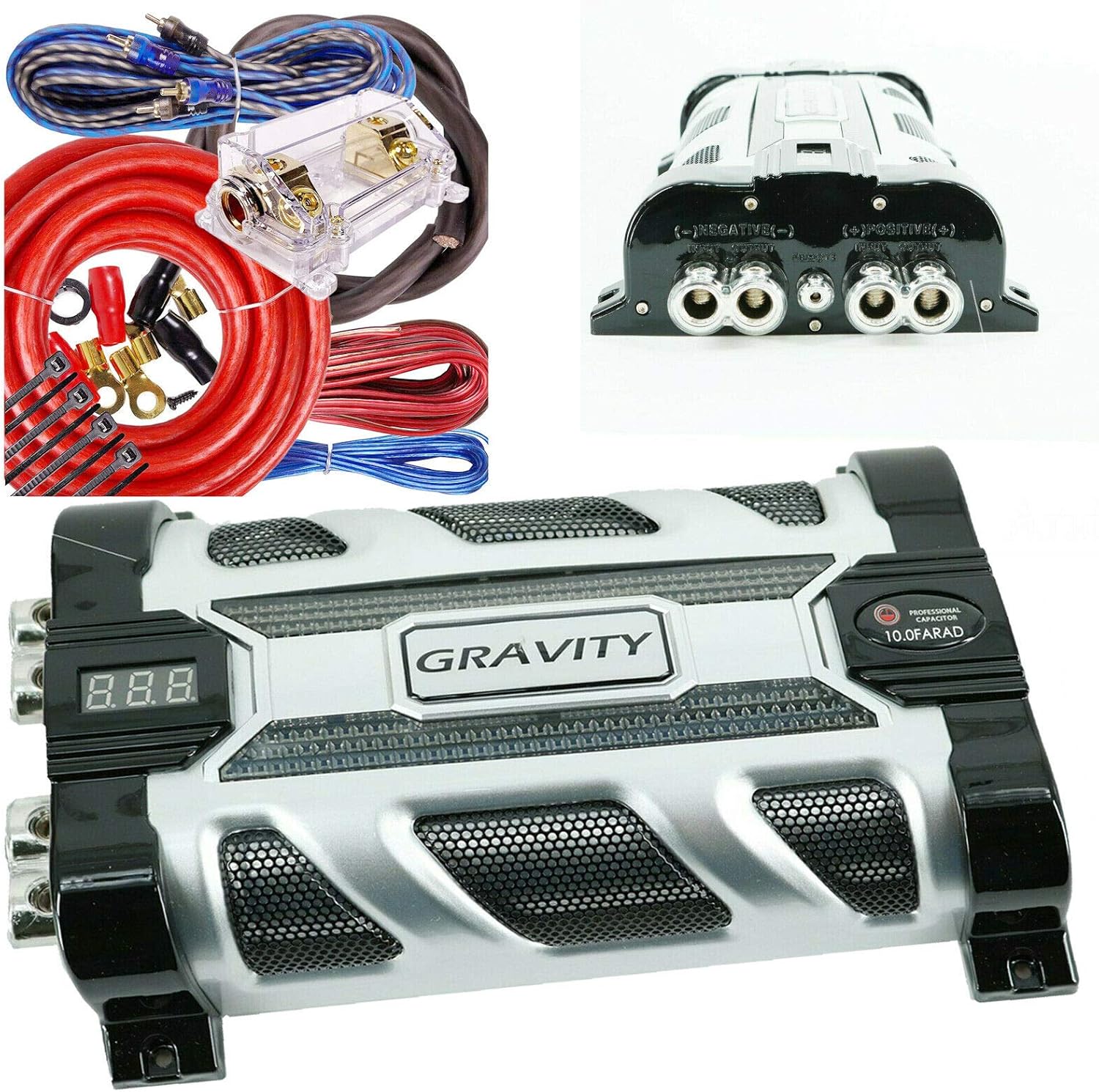 Gravity GR-10.0 Car Audio Mobile Battery Stiffening Portable Power 10.0 Farad Capacitor and Completed 5000 Watts Amplifier Installation Wiring kit 0 Gauge BGC0XLR Red