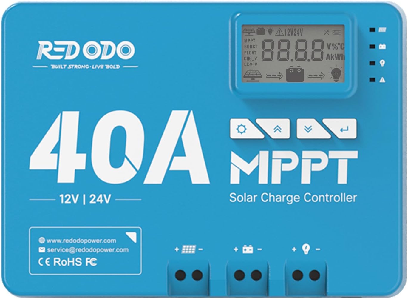 Redodo 40 Amp MPPT 12V/24V DC Input Solar Charge Controller with Built-in Bluetooth Module, Parameter Adjustable LCD Display LED Indicators