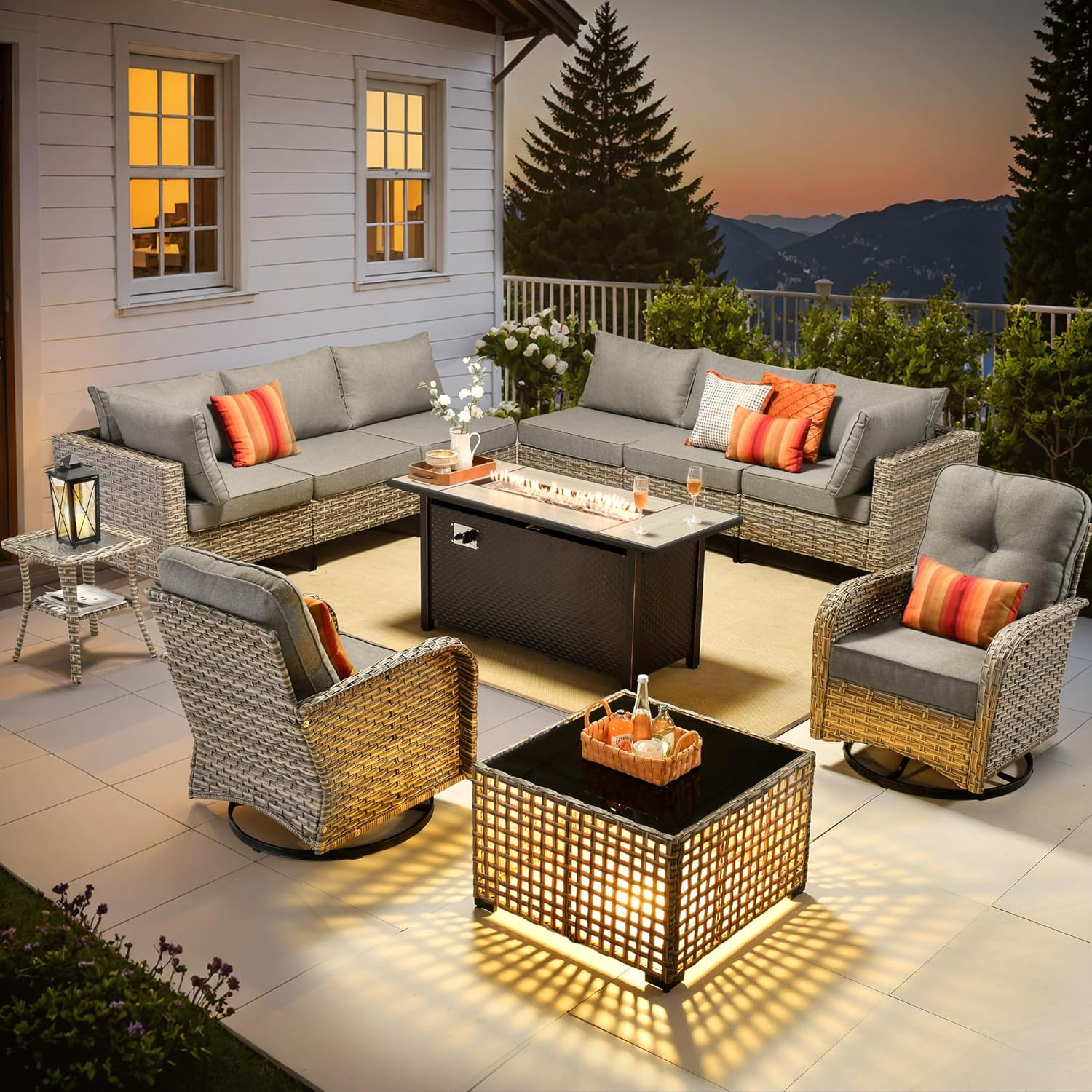 Outdoor Sectional Patio Furniture Set with Fire Pit Table and Swivel Rocking Chairs,11 Pieces Wicker Conversation Sets L Shaped Couch Out Door Sofa Outside Furniture for Garden Deck Yard,Dark Grey