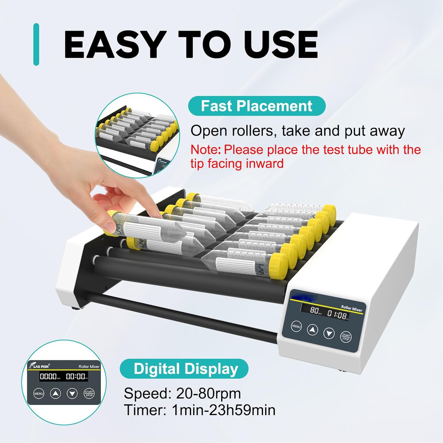 Lab Roller Mixing Machine, Lab Orbital Shaker Mixer(20-80rpm), Drum: 6/8 Rollers(Length:28CM), with Continuous/Timer Mode, High/Low Axis, for 6-34 MM Centrifuge Tubes,6pro