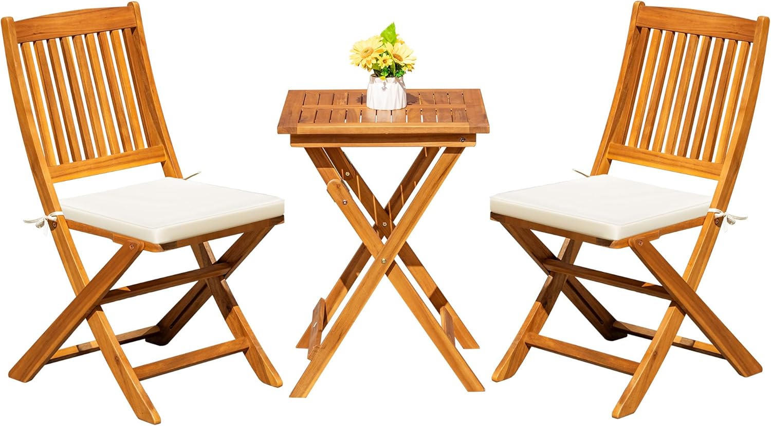 Greesum 3 Piece Patio Folding Furniture Bistro Set with 2 Cushions for Pool Beach Backyard Balcony Porch Deck Garden, Acacia Wood
