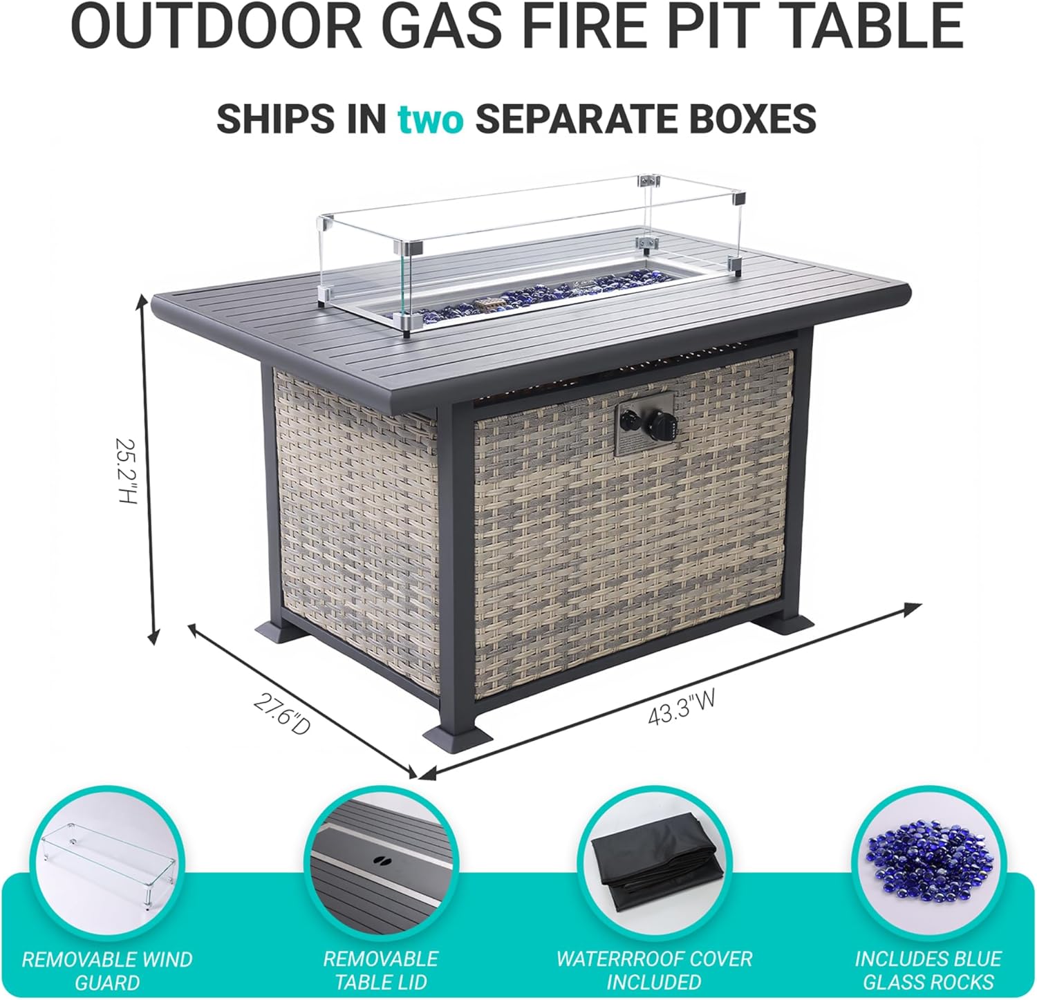 43 Inch 55,000 BTU Propane Gas Fire Pit Table, Outdoor Patio Fire Pit with Upgraded Rattan, Wind Guard, Blue Glass Stones, Extended Table Edge for Extra Storage, Easy Assembly, Grey