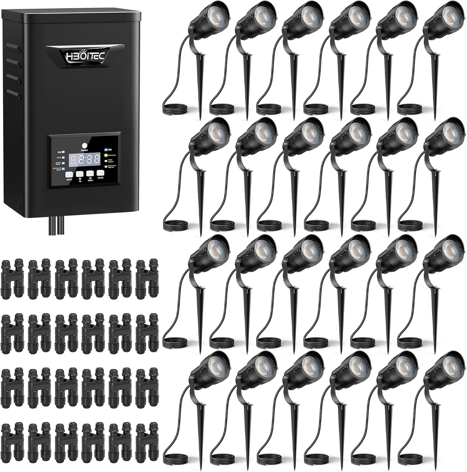 HIBOITEC 12W Low Voltage Landscape Lighting with 400W Transformer Photocell Sensor and Timer Connectors Spotlights Landscape Lights Kit IP65 Waterproof 5000K for House Yard Trees Outdoor 24 Packs