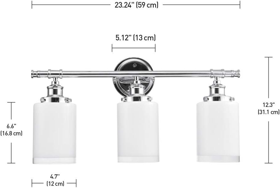 Globe Electric 51414 Freya 5-Piece All-in-One Bathroom Set, 3 Vanity Light with White Shades, Bar, Towel Ring, Robe Hook, Toilet Paper Holder, Chrome with Frosted Glass