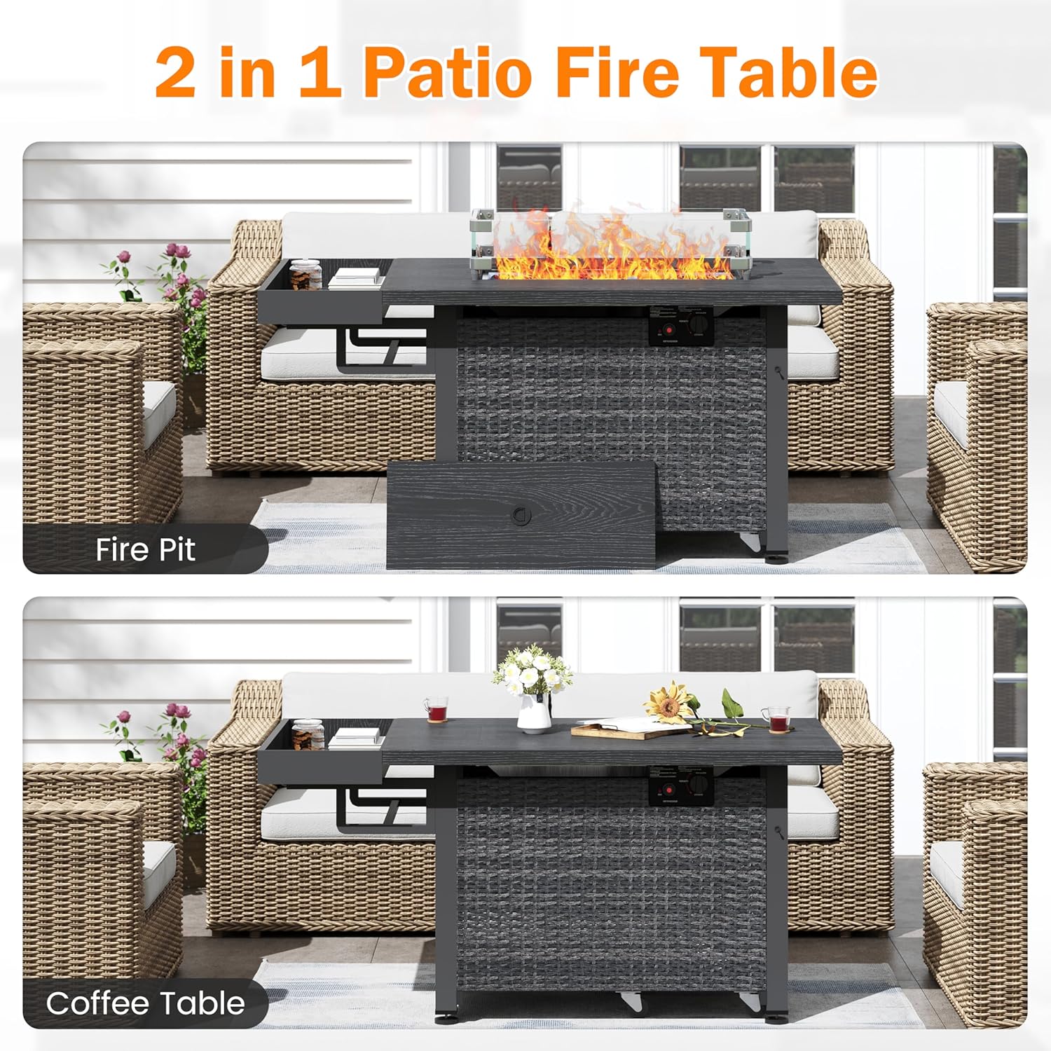 52 Inch Wicker Patio Fire Table, 50,000BTU Propane Fire Pit Table with Glass Wind Guard, Side Basket, Cover, CSA Certified, Outdoor Fire Pit for Garden, Backyard, Balcony, Poolside, Grey