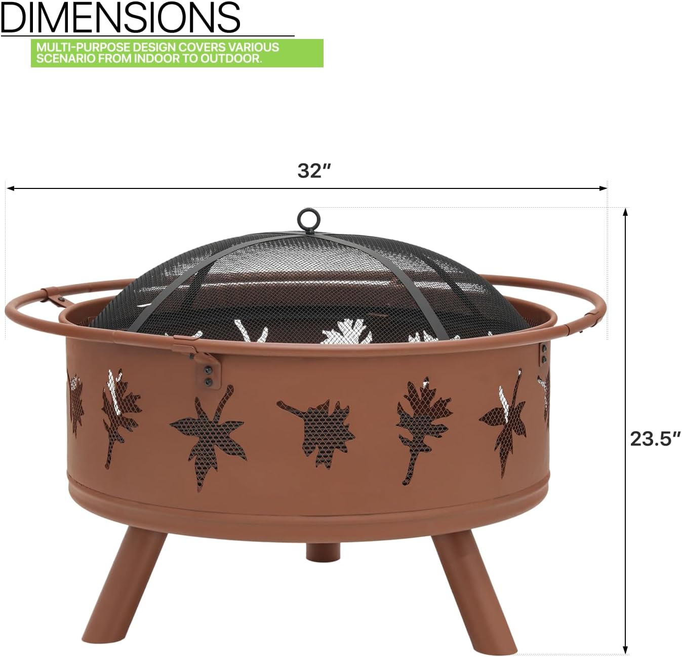 Magshion 32 Inch Fire Pit, Round Wood Burning Outdoor Firepit with Mesh Cover, Fire Poker, Grate, Maple Leaf Cutout Design, for Backyard Bonfire Picnic Party