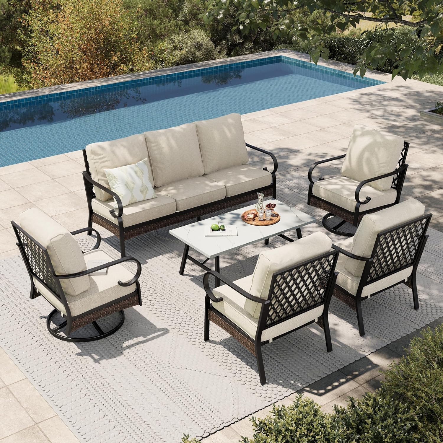 HERA'S HOUSE 6 Piece Metal Patio Furniture Set, All Weather Outdoor Conversation Set with 3-Seat Sofa, 2 Swivel Chairs, 2 Fixed Chairs & Coffee Table, 7 Seats for Backyard, Garden, Deck, Beige