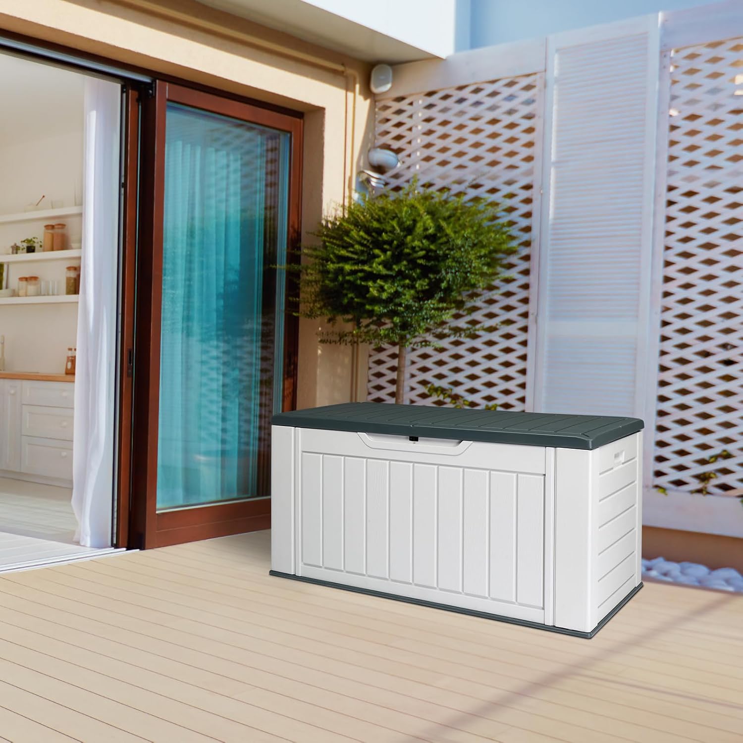 JHshop Outdoor Storage Deck Box, 150 Gallon Patio Bin & Bench, Outdoor Patio Storage Box 150 Gallon Deck Box,Deckbox HDPE, for Patio Furniture 58.9