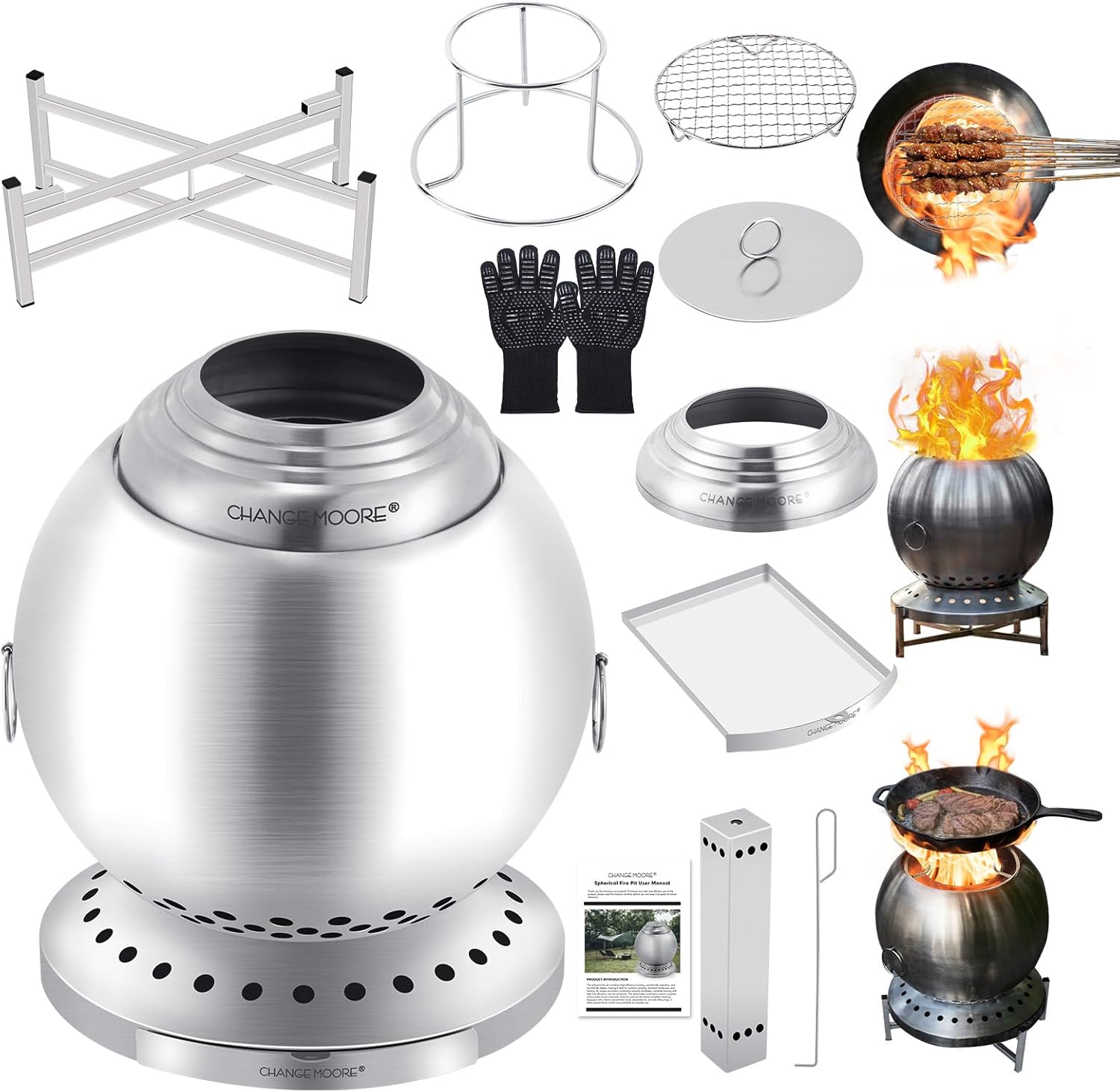 CHANGE MOORE Smokeless Fire Pit with Stand & Grill Rack - Triple Combustion Stainless Steel Fire Bowl with Wood Gasification Tech, 360° Airflow, 150% Efficiency for Portable Camping with Gloves