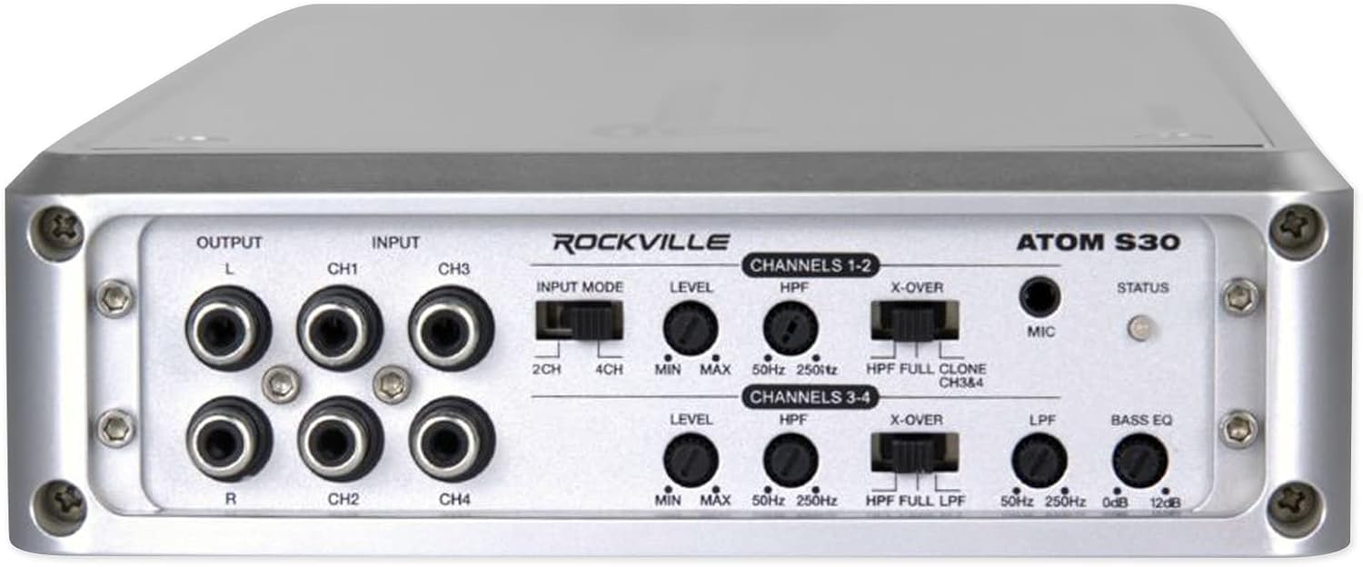Rockville Atom S30 2400W 4-Channel Marine Amplifier 2/4 Ohm, Voltmeter, PA Mic, for Boats and Marine Audio Systems