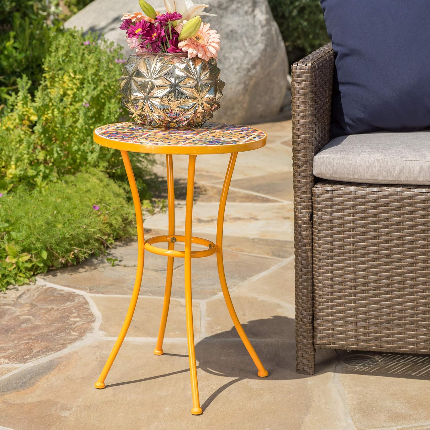 espidoo Outdoor Mosaic Side Table: Mediterranean Iron Accent Furniture for Patio & Balcony - Yellow Artisan Tile Top with Rust-Resistant Design for Urban Homeowners