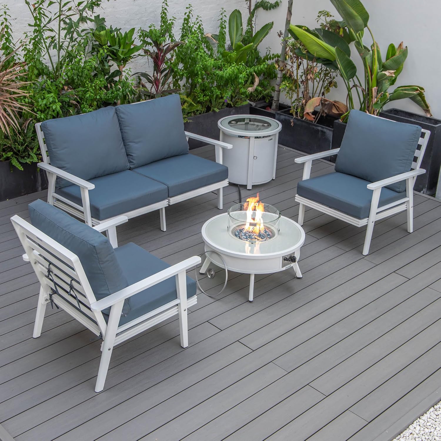 LeisureMod Walbrooke Modern Aluminum 5-Piece Patio Conversation Set with Outdoor Round Firepit Side Table Tank Holder, Navy Blue
