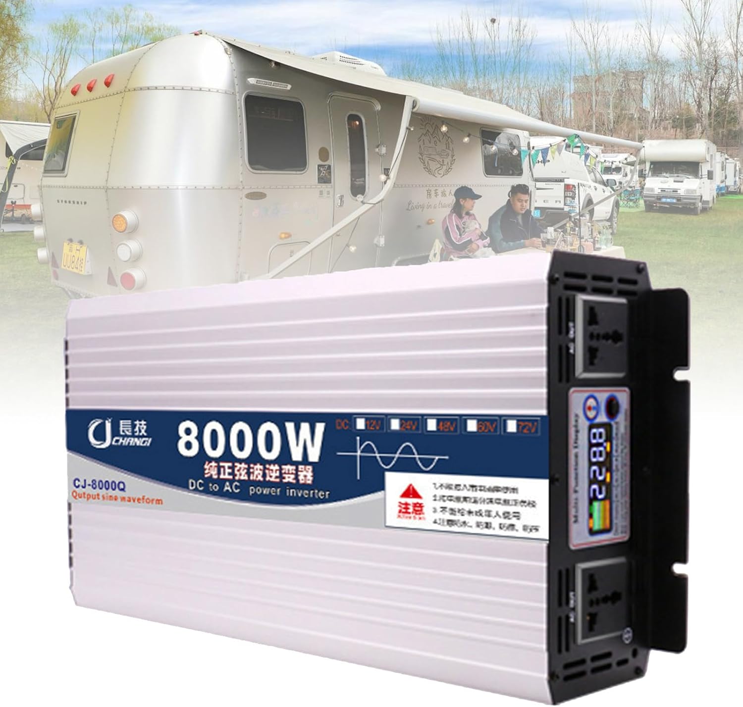 6000W-8000W Pure Sine Wave Power Inverter, with Smart Color Screen + 2 Universal Sockets, DC (12V/24V/48/60V) to AC (110V/220V), Suitable for Caravan Camping Travel,8000W-24V