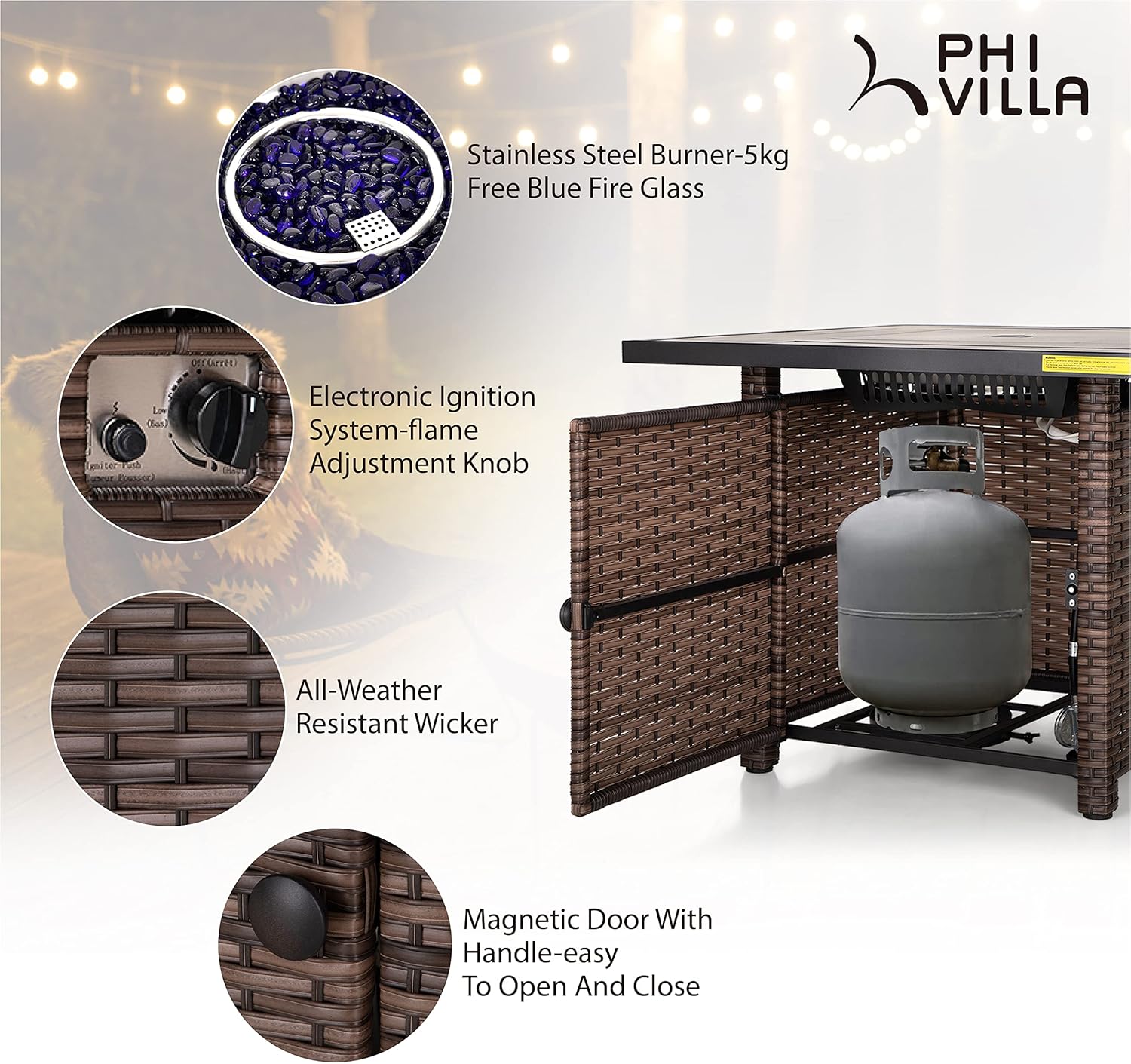 PHI VILLA 32 Inch Gas Fire Pit Table, 50000 BTU Square Outdoor Propane Rattan Fire Pit Table with Lid and Blue Fire Glass for Patio, Backyard and Garden