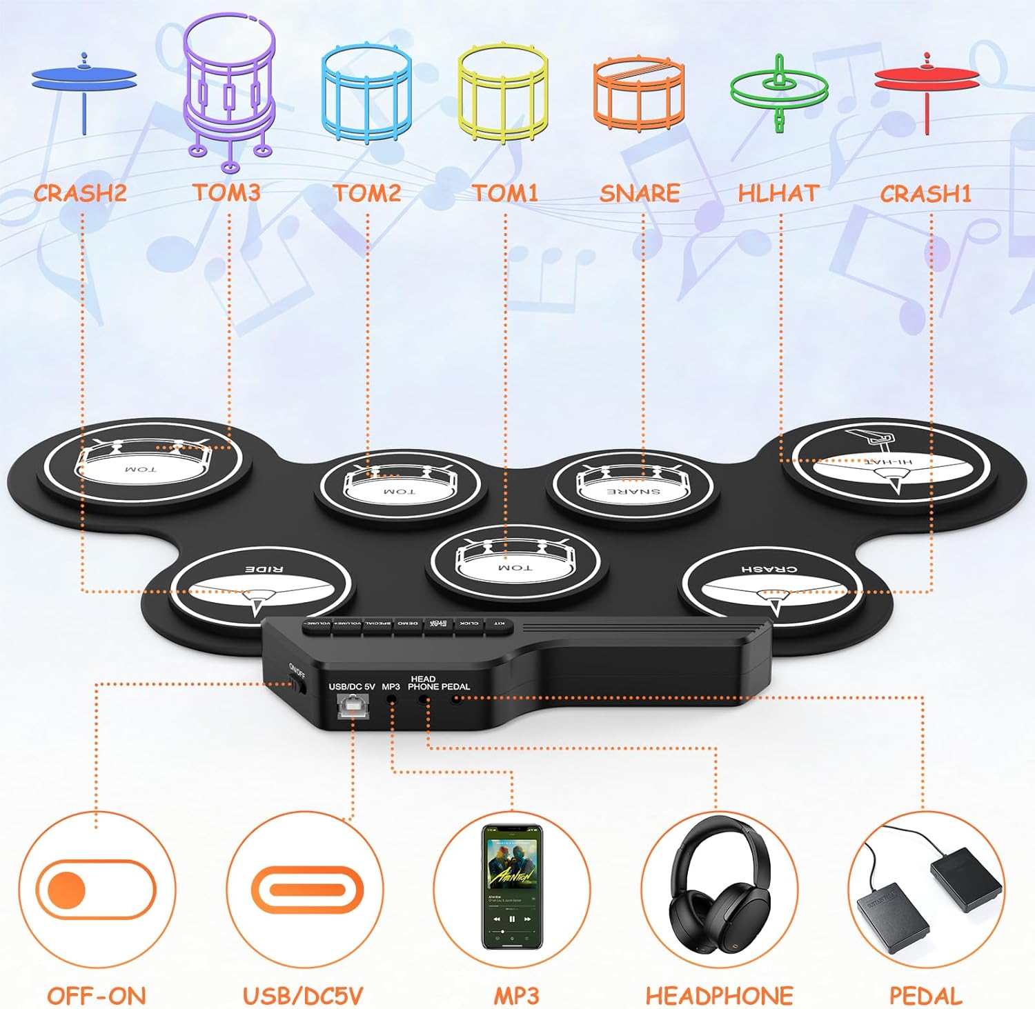 Electronic Drum Set, 7 Pad Roll-up Drum Kit with Headset Jack, Pedals, Drumsticks, Portable Practice Pad for Beginner (No Built-in Speaker)