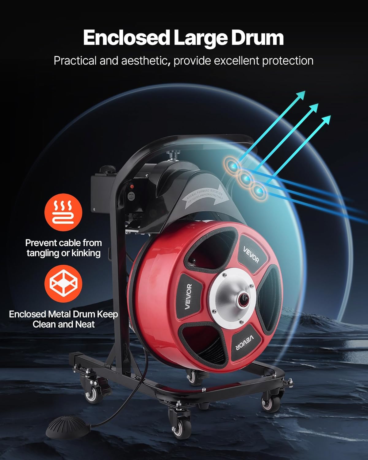 VEVOR Drain Cleaner Machine 50 FT x 1/2 Inch, Manual Feed Sewer Snake Auger on Wheels - with 4 Cutters & Air-activated Foot Switch for 2