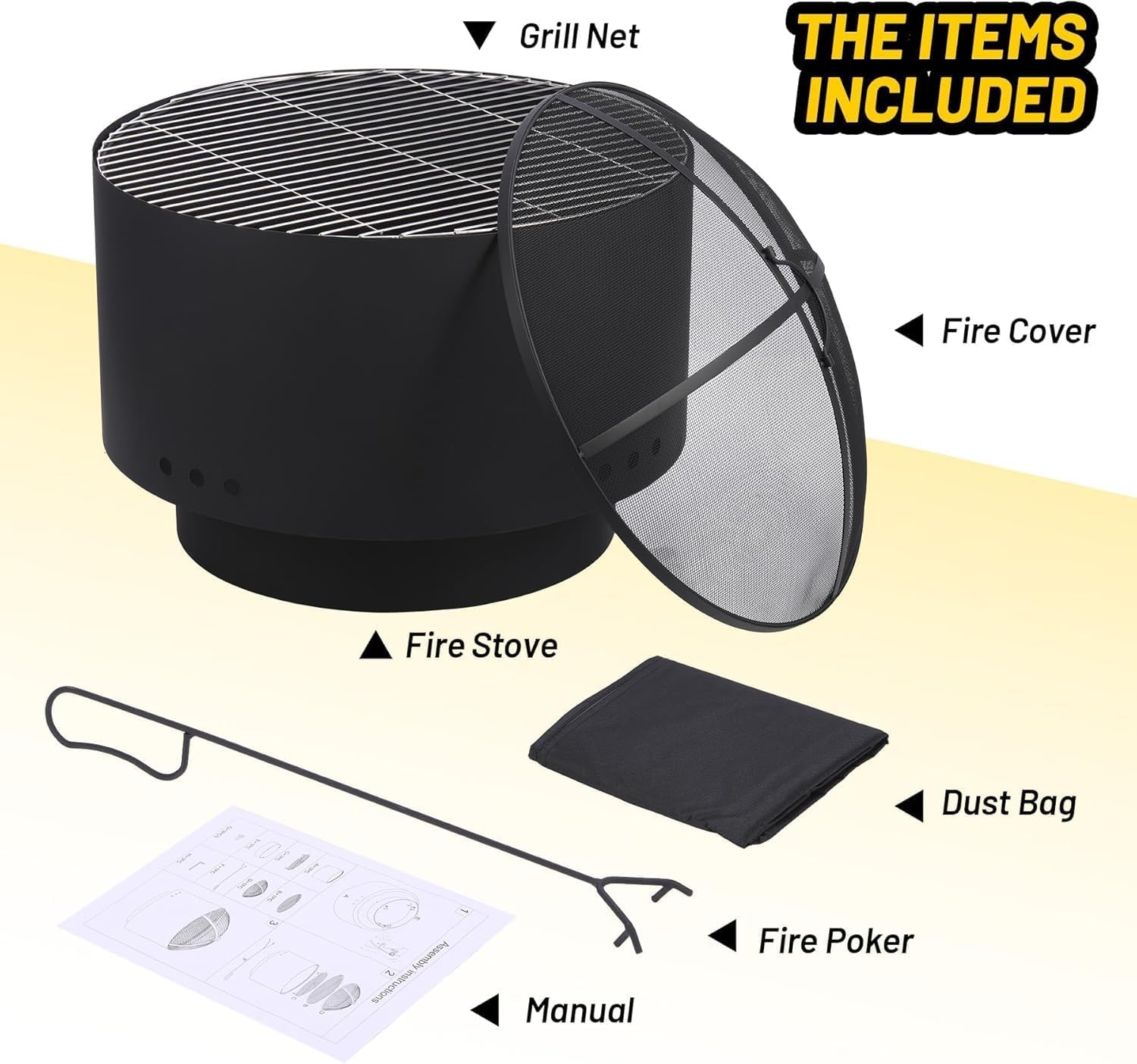 Outdoor Fire Pit with Grill Grate, Wood Burning Fire Bowl for Backyard & Patio, Fireproof Mesh Cover, Stable Burning, Multi-Fuel Design for Warmth and Casual Grilling