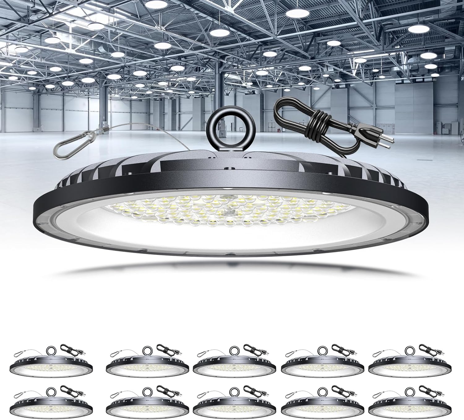 AIKVSXER 200W UFO LED High Bay Light, 30000LM Shop Lights, 6000K Garage Lights IP65 Waterproof Commercial Bay Lighting for Warehouse, Gym, Factory, Workshop Plug & Play, 5FT Power Cord 10 Pack