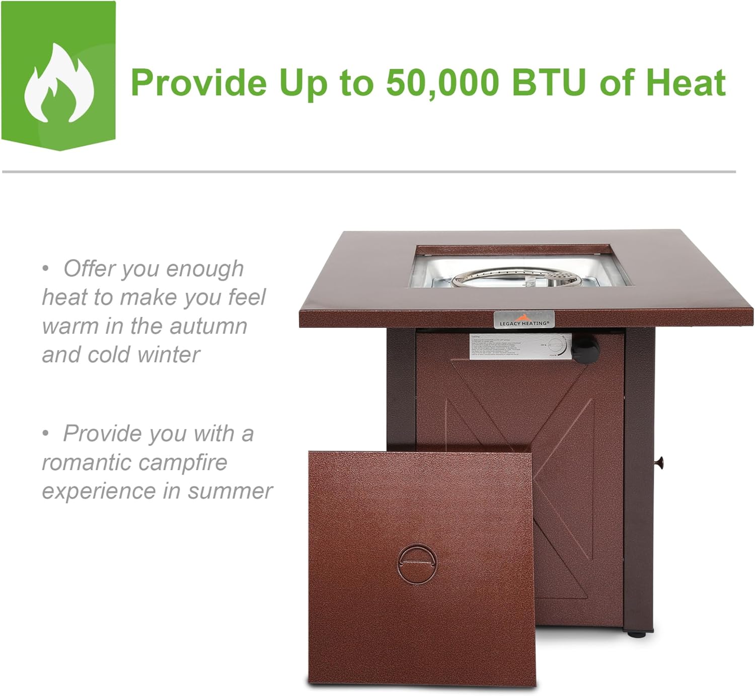 28 Inch Outdoor Propane Fire Pit Table, 50,000 BTU Square Gas Fire Table, Brown Hammered Gold Finish, Rust-Resistant Steel, Brown Finish, for Patio and Backyard Heating with Lava Rocks and Lid