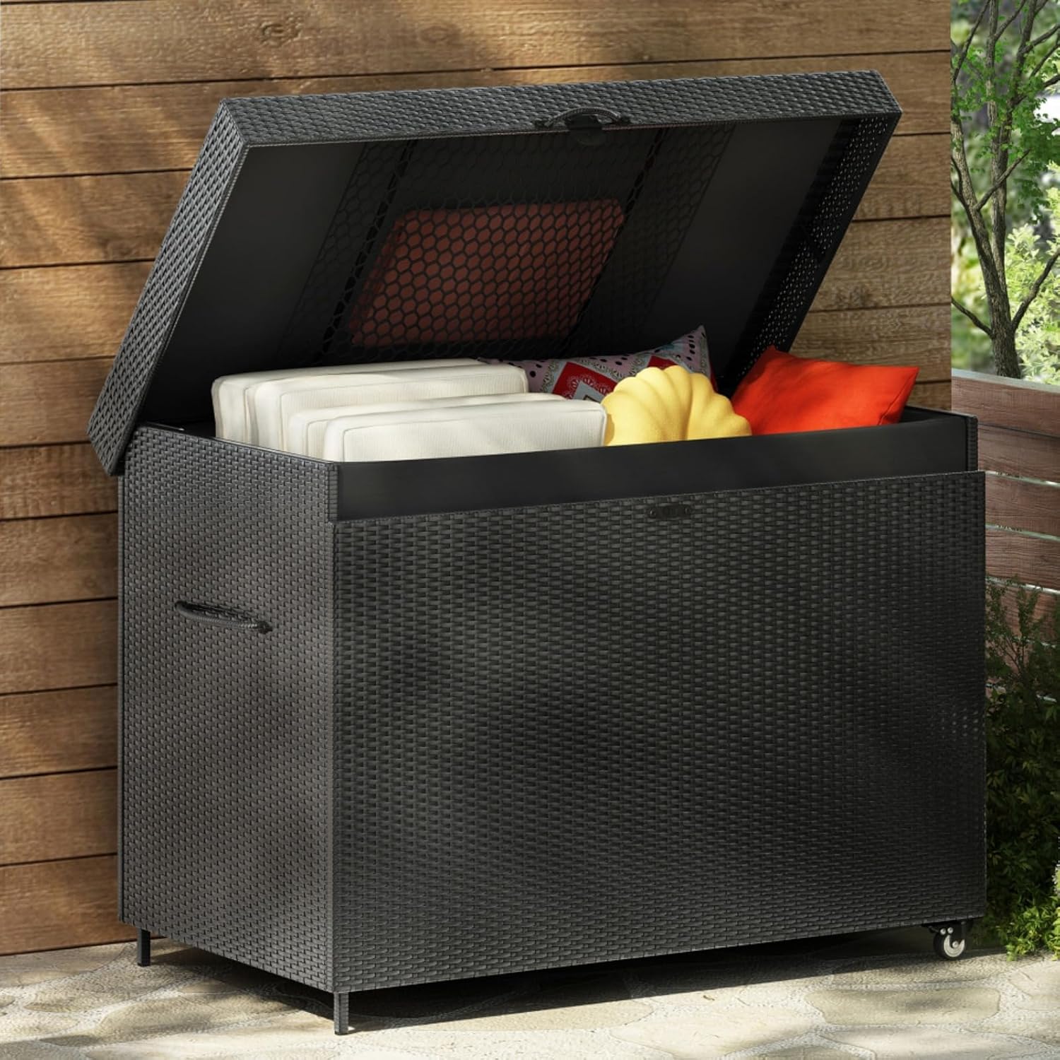 230 Gallon Wicker Deck Box with Wheels, All-Weather Outdoor Storage Box, Rattan Storage Bin for Patio Furniture, Outdoor Cushions, Pool Storage and Garden Tools (Black)