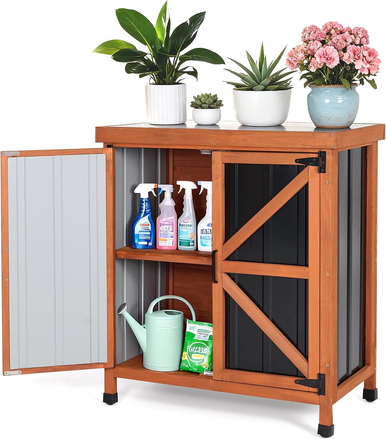 Black Metal Outdoor Storage Cabinet with X-Design Doors & Wood Frame, Metal Top Potting Bench Weatherproof for Patio, Garden & Backyard, 31.5