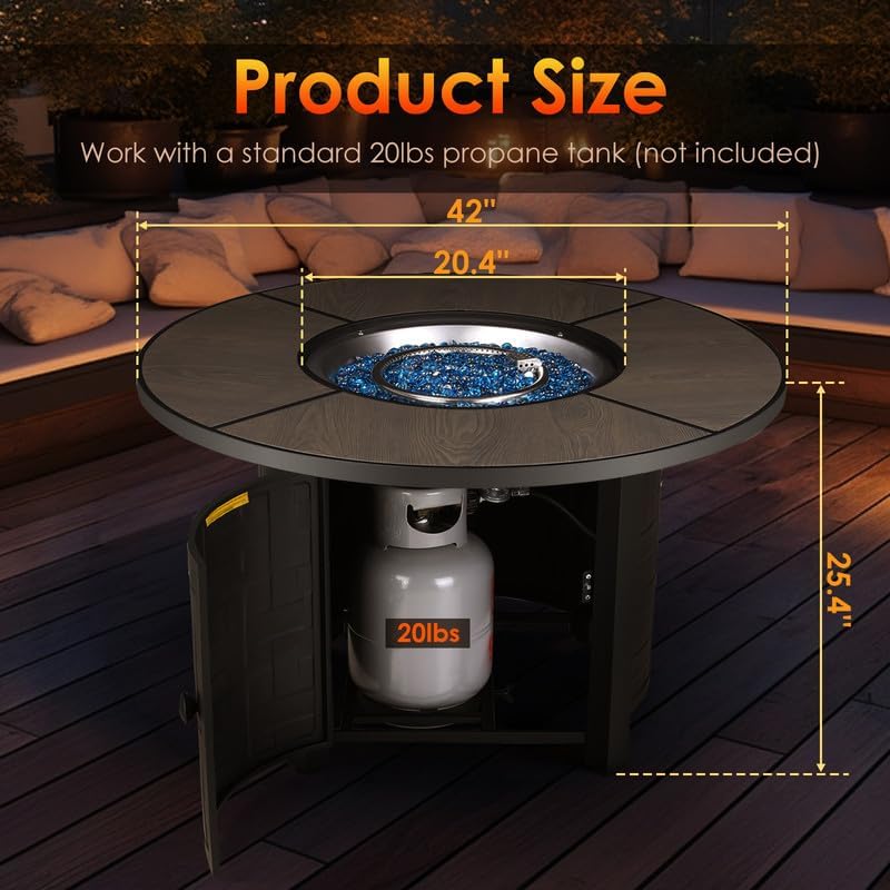 TLGREEN Outdoor Propane Firepit Table, 42Inch, 50,000 BTU Auto-Ignition Rounded Fireplace with Waterproof Table Cover, Lid and Blue Stone,for Patio and Garden