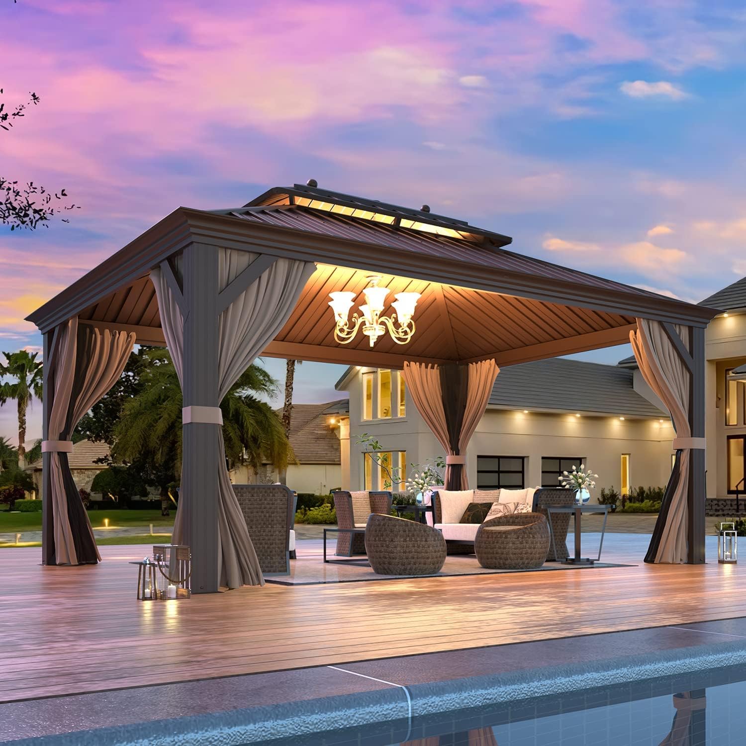 MELLCOM 12'x16' Hardtop Gazebo, Galvanized Steel Metal Double Roof Canopy with Curtains and Netting, Brown Permanent Pavilion Gazebos with Aluminum Frame for Patio, Lawn & Garden