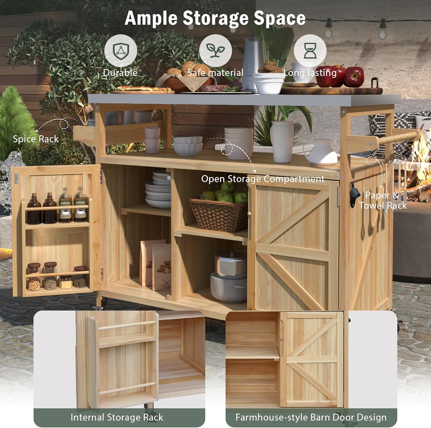 LZ LEISURE ZONE Large Outdoor Grill Table, Farmhouse Solid Wood Outdoor Kitchen Island Bar Table with Stainless Steel Top, Rolling Bar Cart with Storage Cabinet for Patio/Kitchen/Grill, Natural