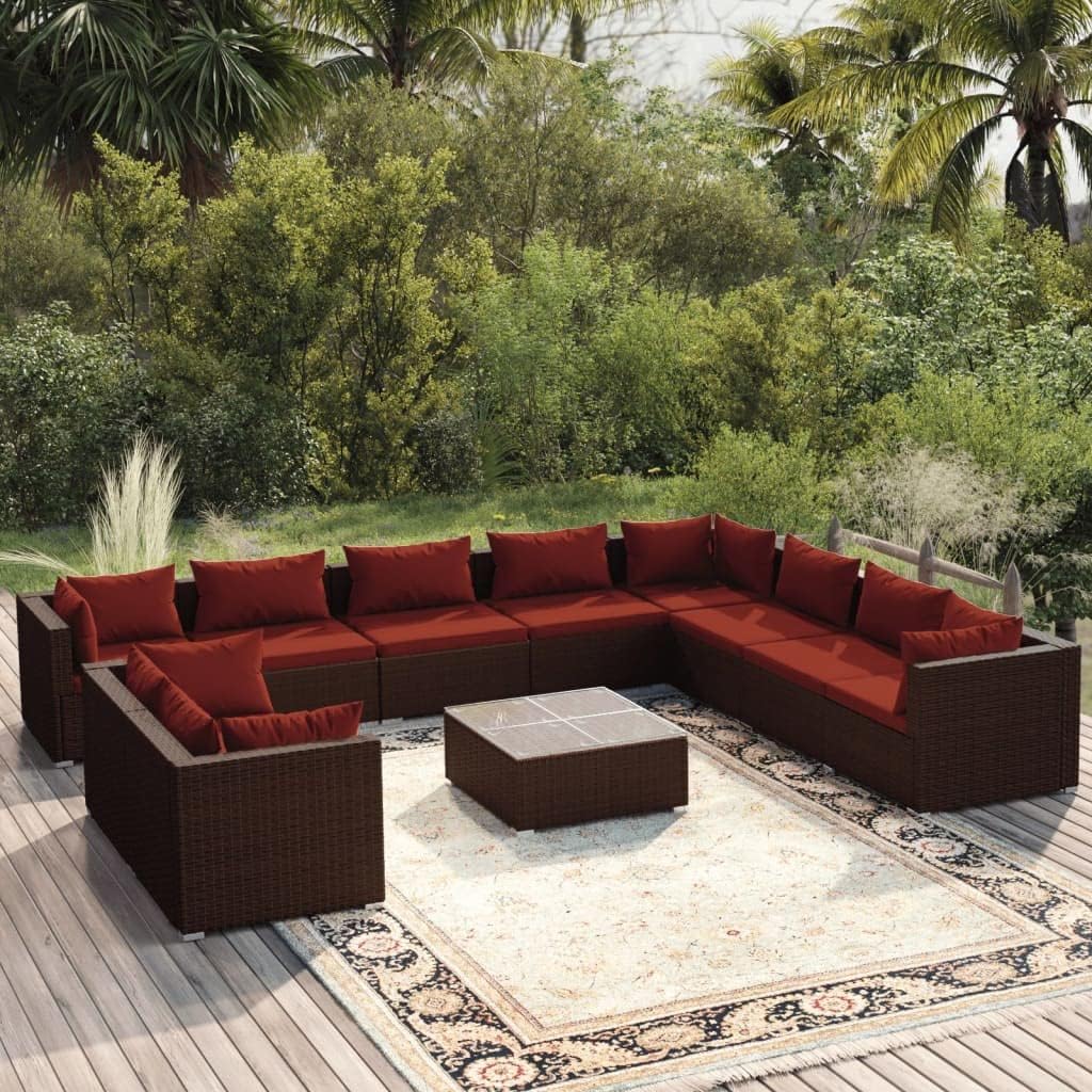 11 Piece Patio Lounge Set with Cushions Brown Poly Rattan,Poly Rattan Patio Lounge Set with Comfortable Cushions for Outdoor Relaxation Furniture Sets for Patio, Lawn & Garden