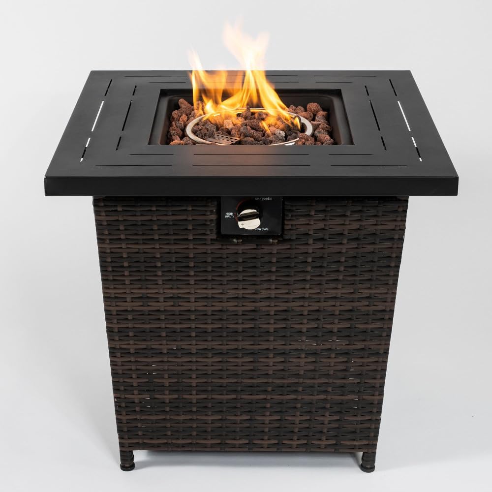 28” Propane Gas Fire Pit Table with 50,000 BTU Heat, Durable Square Steel Top and Stylish Wicker Base – Perfect for Outdoor Patio, Deck, Garden, Backyard