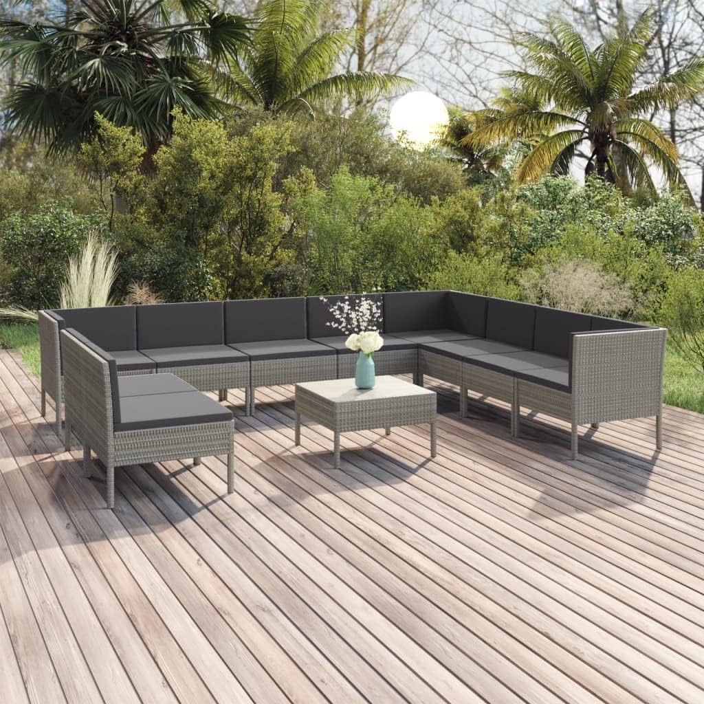 11 Piece Patio Lounge Set with Cushions Poly Rattan Gray, Patio Furniture Sets, Outdoor Furniture