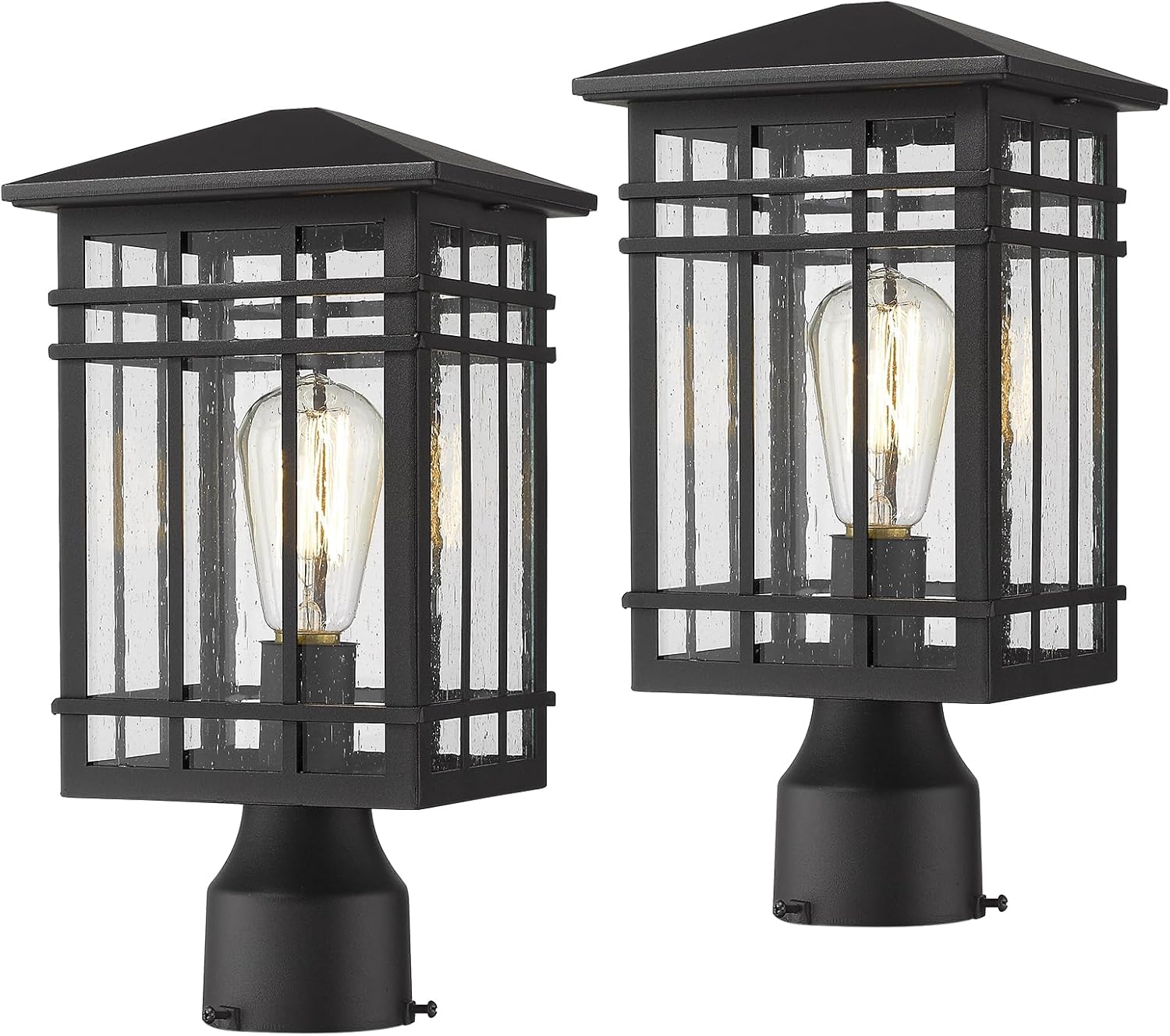 Solar Post Lights, Outdoor Post Lights Solar Powered, Waterproof Anti-Rust Black Post Lights with Seeded Glass, LED Solar Powered Lamp for Front Door, Porch, Garage, and Patio, 2 Pack（Bulb Included）