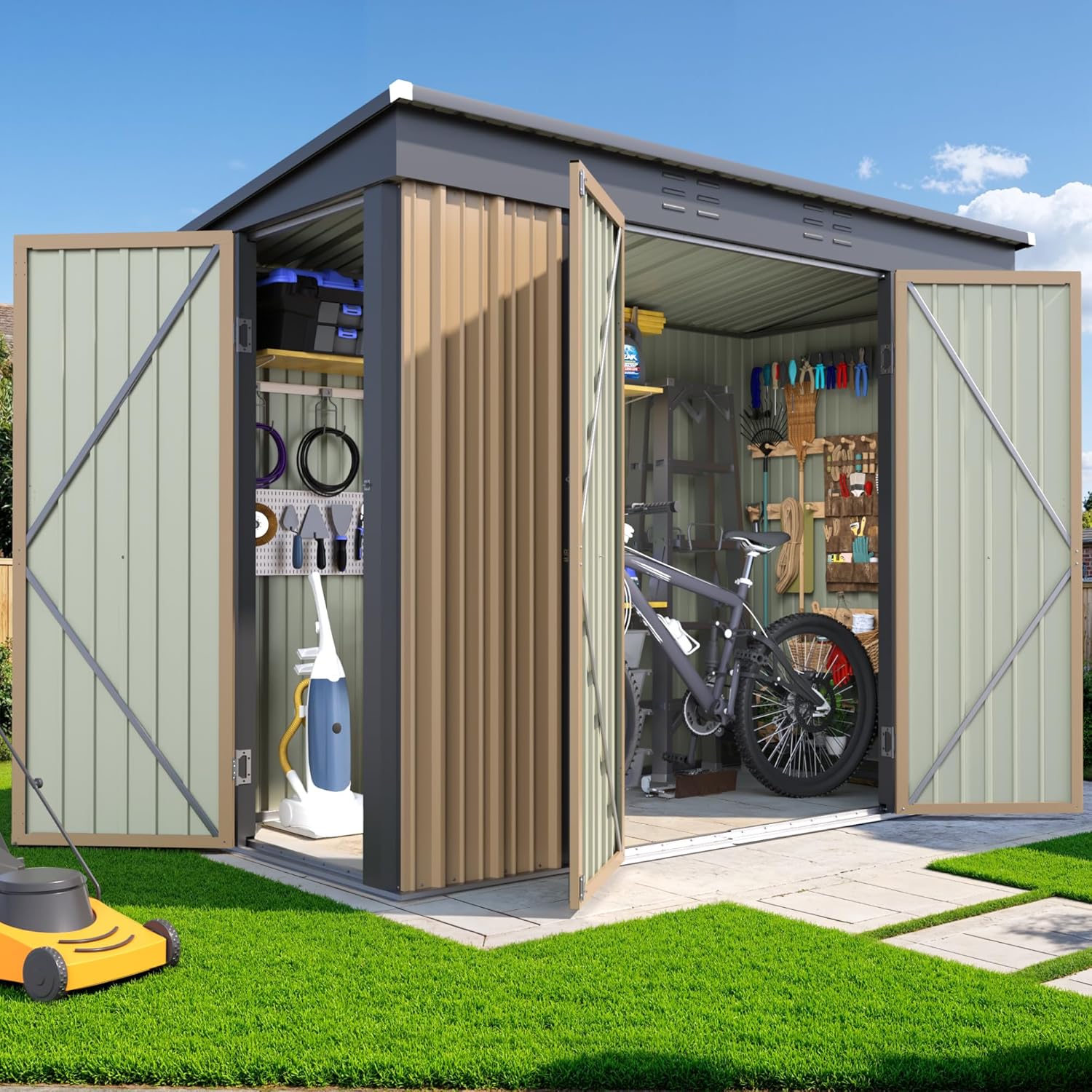 JUMMICO 8x4 FT Outdoor Storage Shed, Heavy Duty Tool Metal Sheds with 3 Lockable Doors and Updated Frame Structure for Backyard Patio Lawn, Brown