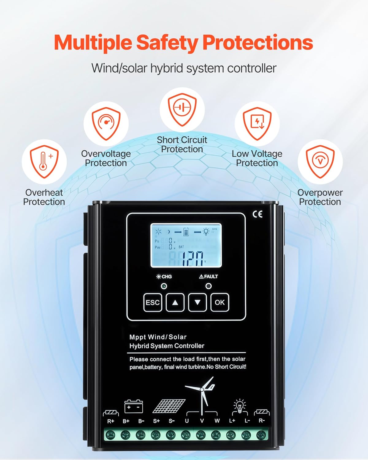 VEVOR 12V 600W Solar Wind Power Kit, 2PCS 100W Solar Panel + 400W Wind Turbine + 12.8V 100Ah LiFePO4 Battery + 1000W Power Inverter + MPPT Hybrid Controller for Home RV Boat Off-Grid Applications