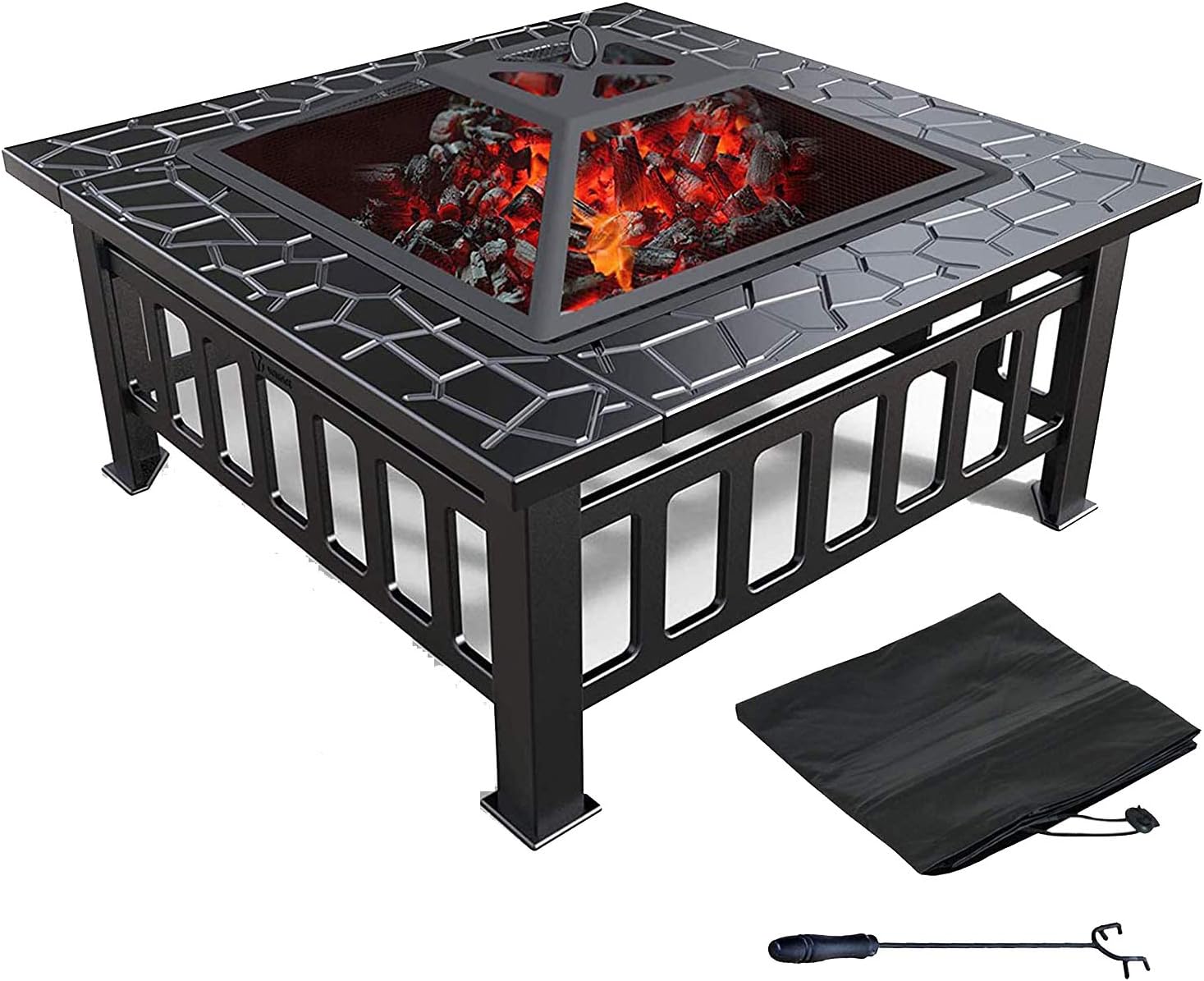 Square BBQ Firebowl,with Spark Screen Poker Waterproof Cover Fire Pit,30 Inch Wood Burning Firepits