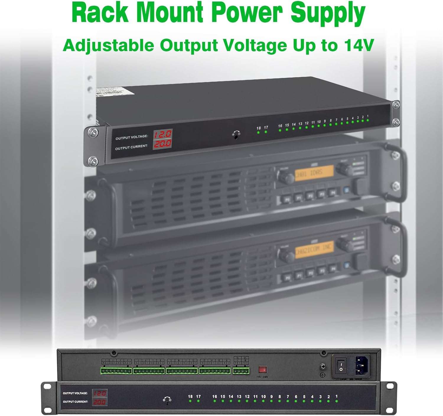 1U 12V 20A 18-Channel Rack Mount Power Supply – 12V 3-5A Distributed DC Output with Reset Fuse, 4 ft Replaceable AC Cord. Ideal for Security Cameras, DVRs, CCTV Systems, by UltraPoE