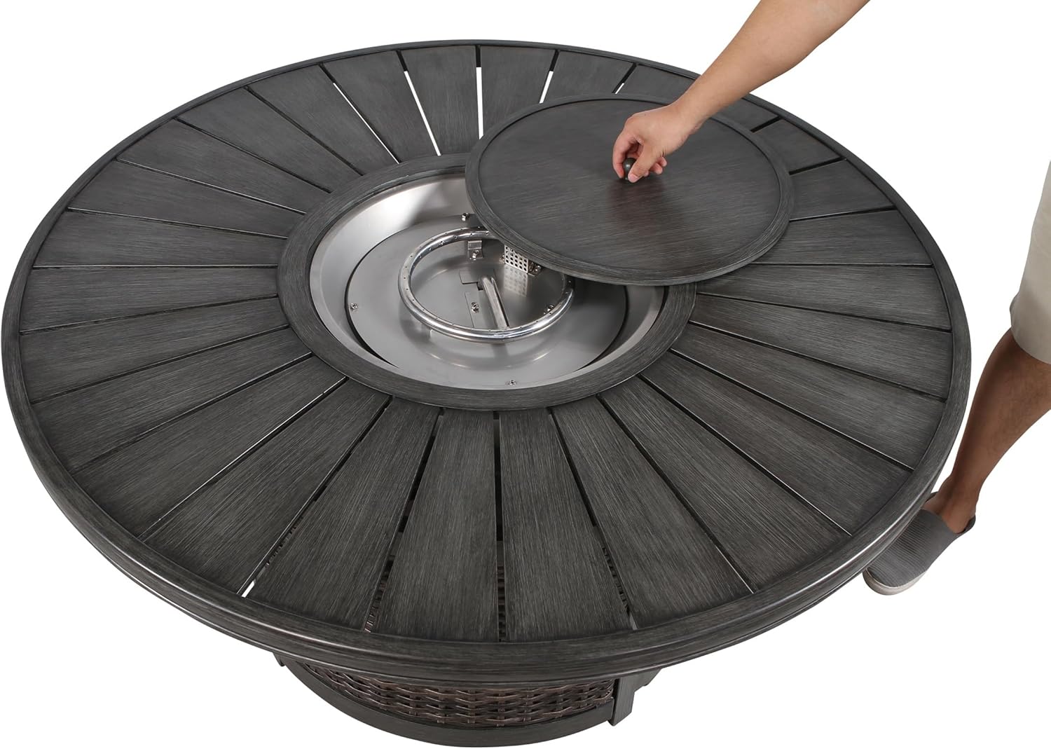 Penau 25 H x 52 W Propane Outdoor Fire Pit Table with Hand-Painted Wood Grain Aluminum Top - Mixed Gray Finish, 60,000 BTU Output, Rustproof, Push-Button Ignition