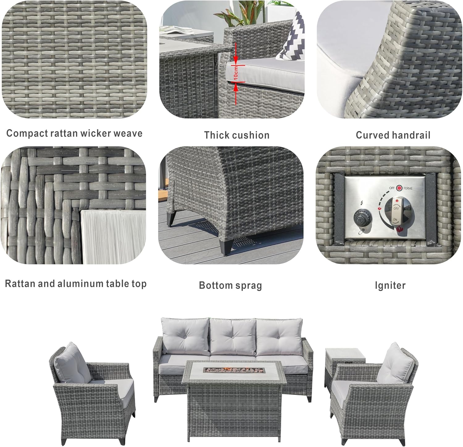 Outdoor Gas Fire Pit Table, Gray Wicker, Aluminum Frame