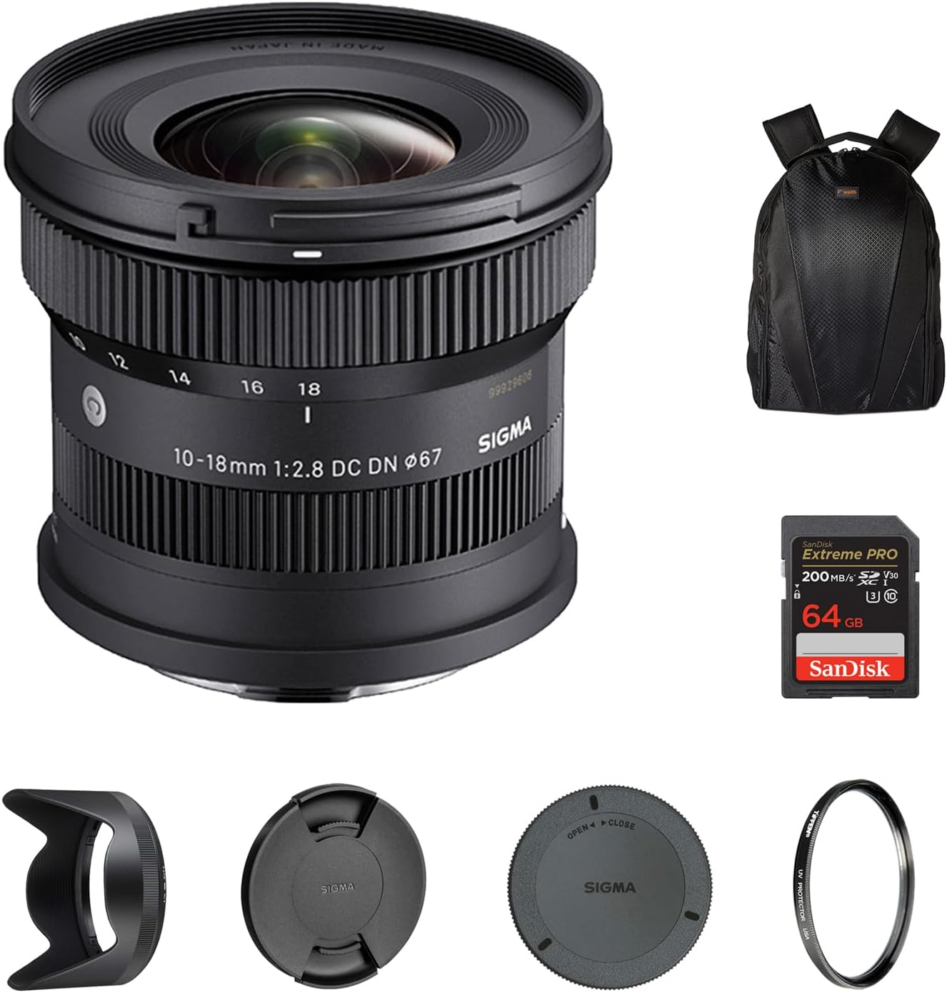 Sigma 10-18mm F2.8 DC DN Contemporary Lens for Sony E | Ultra Wide-Angle Zoom with Tiffen 67mm UV Protector Filter, Waith Camera Backpack and 64GB Extreme PRO UHS-I SDXC Memory Card (Bundle Set)