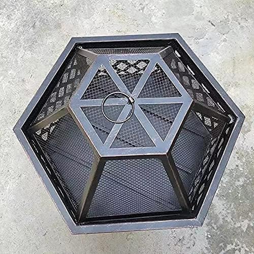 Multifunctional Fire Pit Table, Hexagon Fire Pit, Firepit Table for Outside Wood, Patio Stove Wood Burning BBQ Grill Fire Pit Bowl with Spark Screen Cover for Camping and BBQ