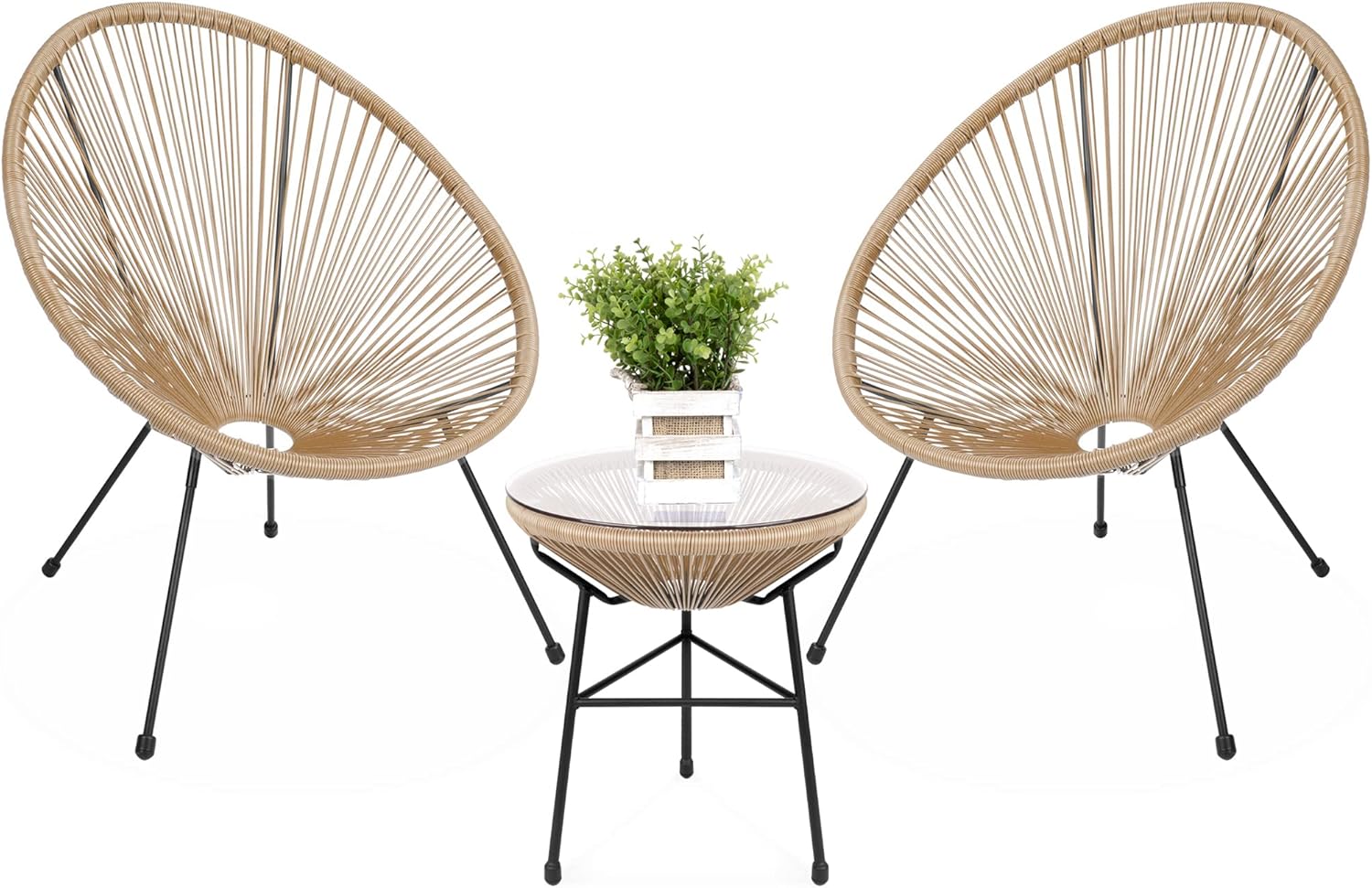 Best Choice Products 3-Piece Outdoor Acapulco All-Weather Patio Conversation Bistro Set w/Plastic Rope, Glass Top Table and 2 Chairs - Natural